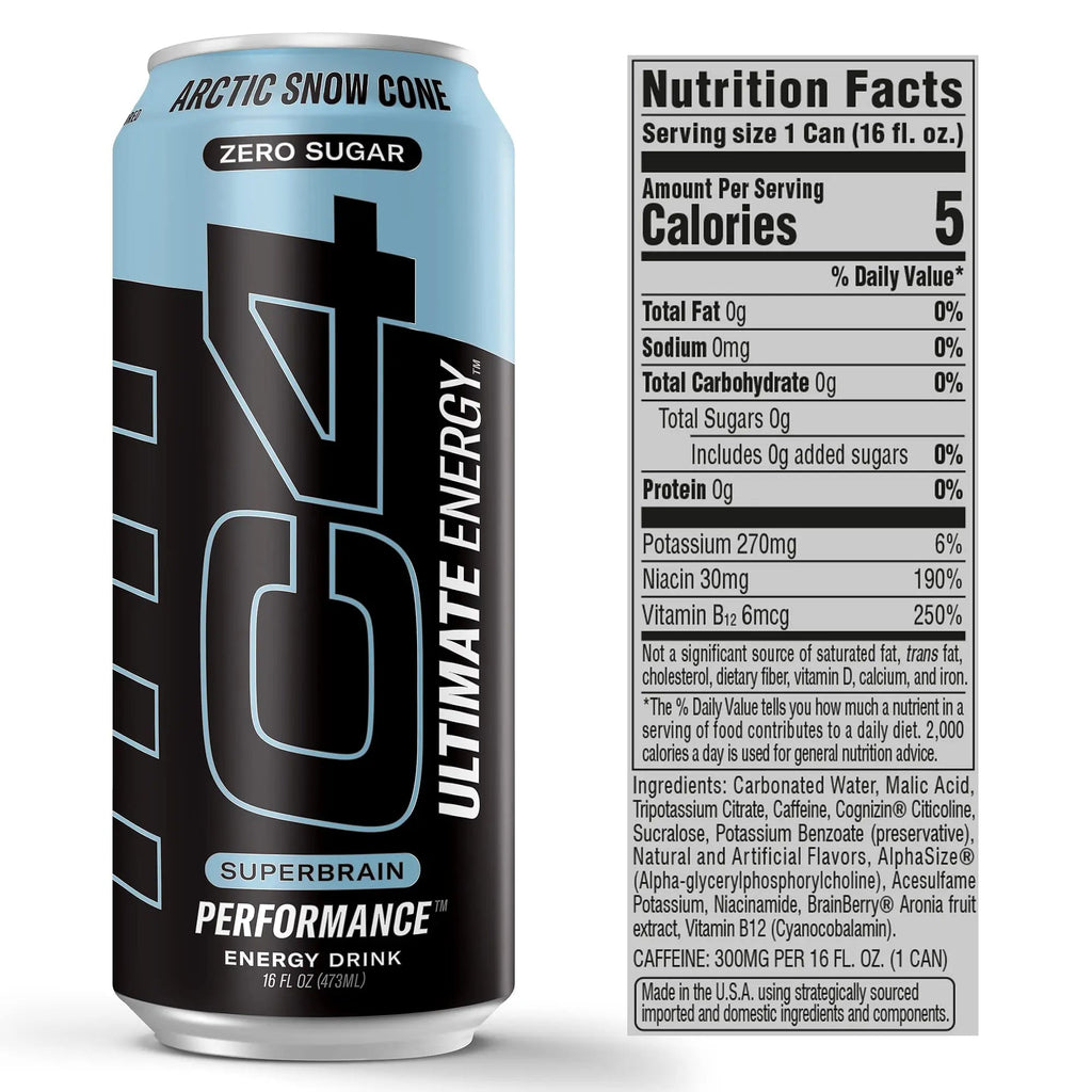 C4 Ultimate Sugar Free Energy Drink 16oz (Pack of 24) | Arctic Snow Cone | Pre Workout Cellucor Au supplements