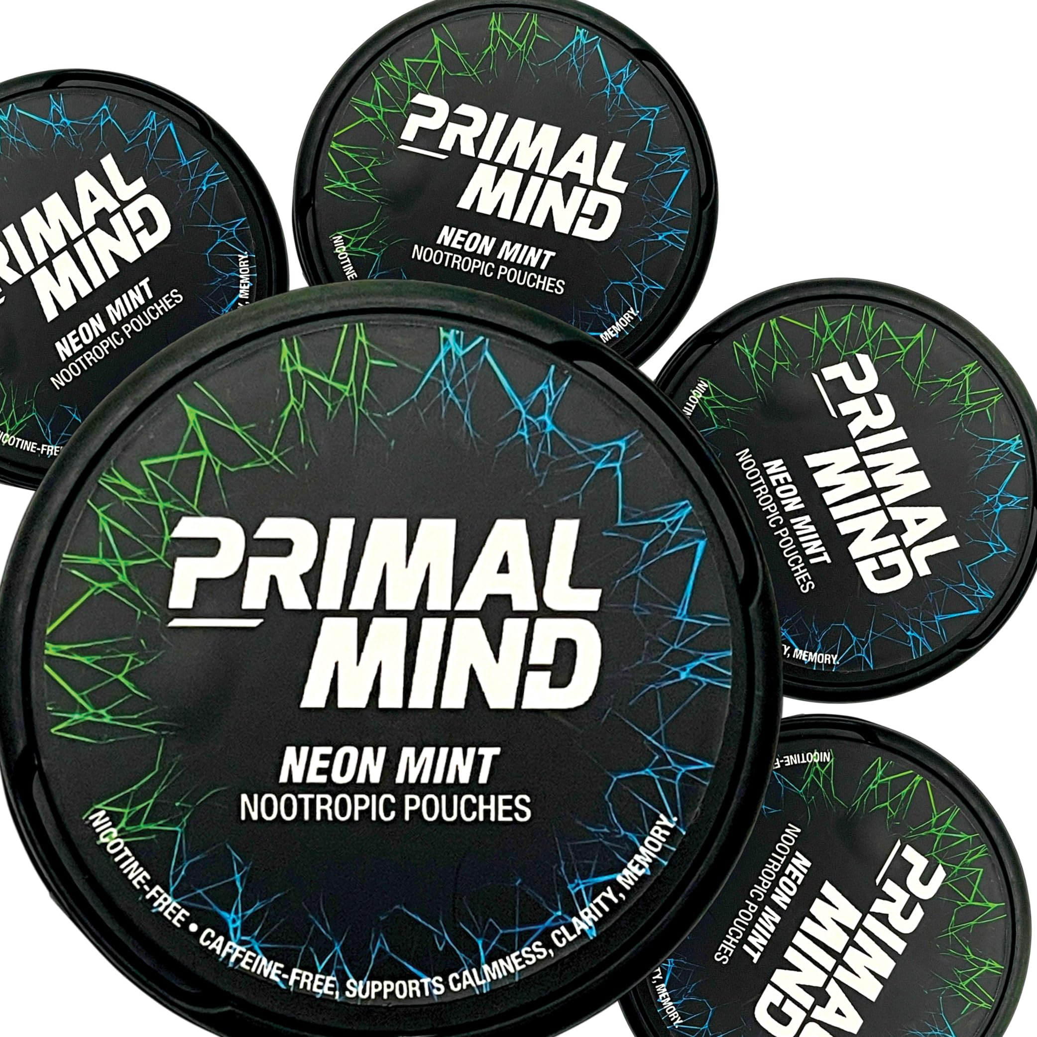 Nootropic Pouches - Primal Mind Caffeine Free Nootropics Pouches Made with Ginkgo Biloba & L-Theanine - Nicotine Free Brain Boost, No Sugar, Cognitive Support – 20 Pouches Per Can, 5 Pack (Neon Mint) Primal Prelude Au supplements