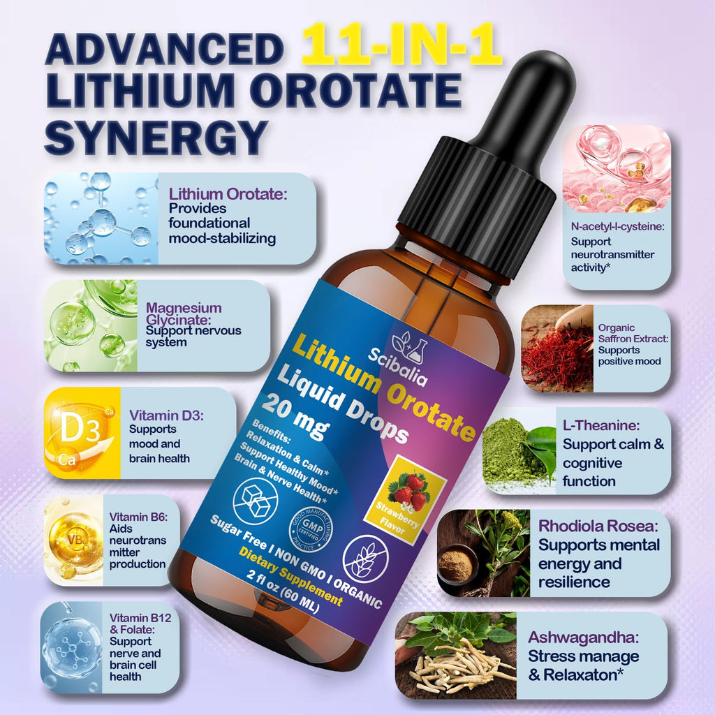 Scibalia Lithium Orotate Liquid Drops 20mg, Potency 11-in-1 Lithium Supplement w. NAC Magnesium Ashwagandha Theanine Vitamin D3 B6 B12 for Memory Brain Mood Cognitive Support,