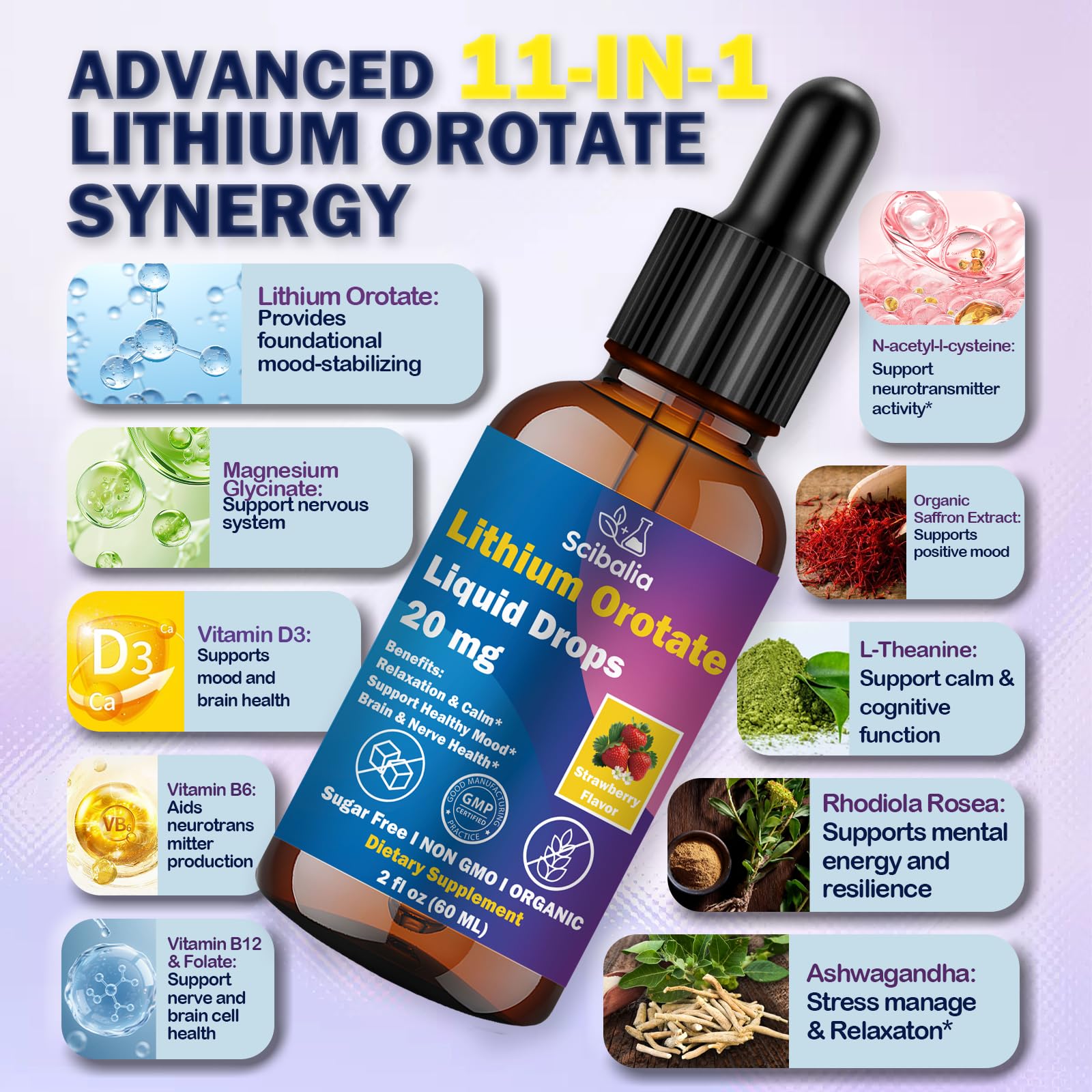 Scibalia Lithium Orotate Liquid Drops 20mg, Potency 11-in-1 Lithium Supplement w. NAC Magnesium Ashwagandha Theanine Vitamin D3 B6 B12 for Memory Brain Mood Cognitive Support,