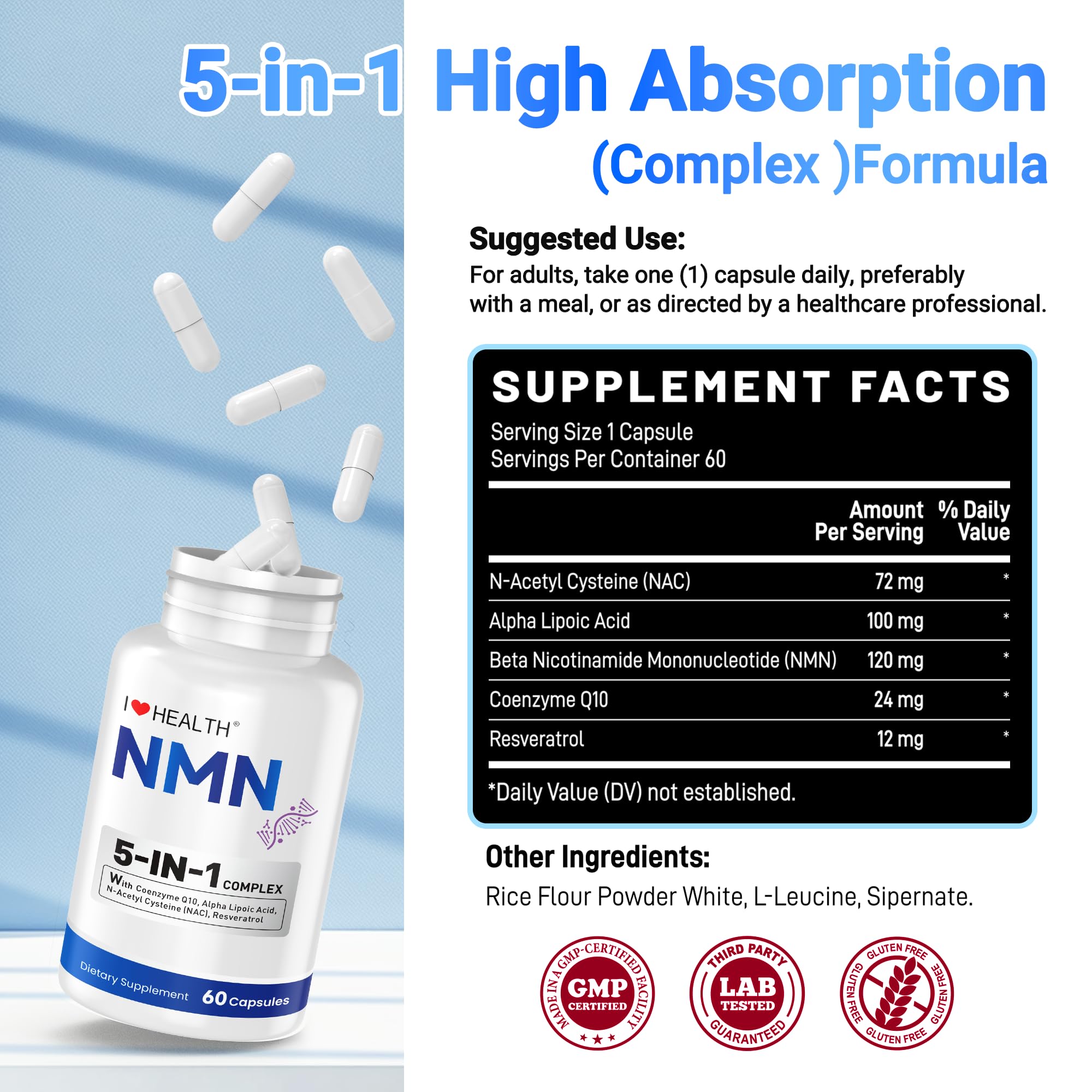 I LOVE HEALTH NMN Supplement, 5-in-1 Complex with NAC, Alpha Lipoic Acid, CoQ10 & Resveratrol - High Absorption Anti Aging Formula - Third Party Tested, cGMP, Gluten Free - 60 Capsules I LOVE HEALTH Au supplements