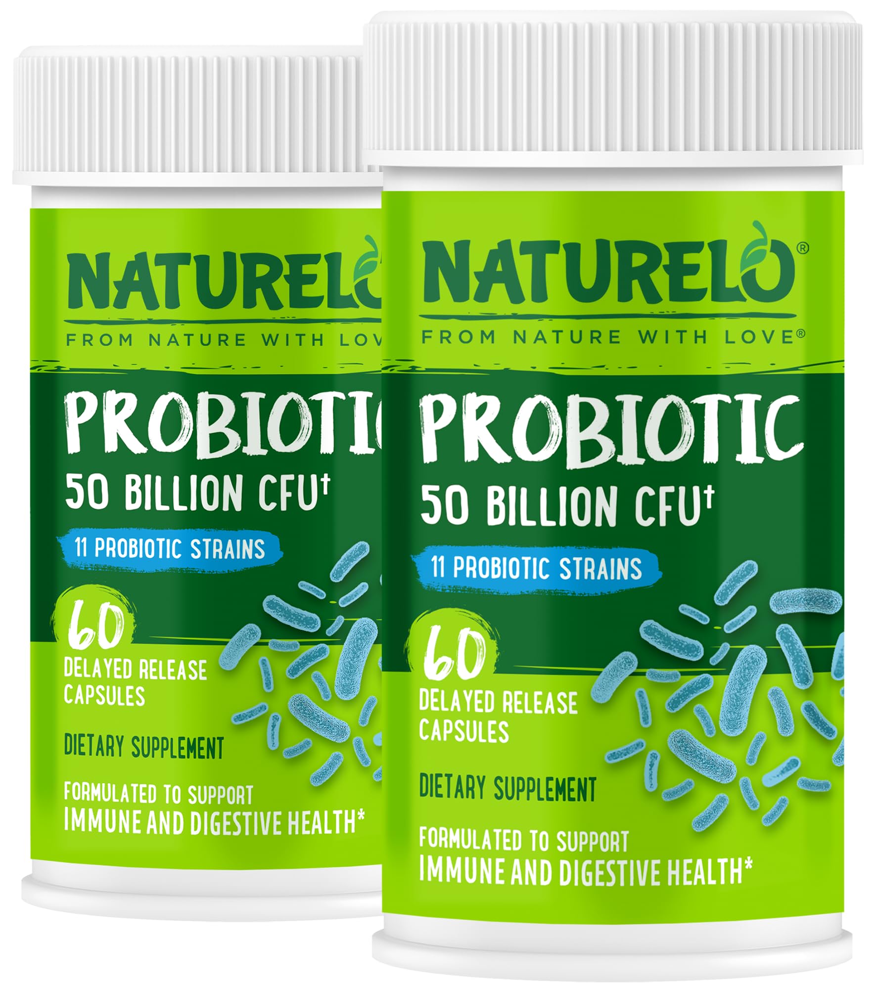 NATURELO Probiotics for Digestive Health - 50 Billion CFU, 11 Strains, Daily Use Supplement - Boosts Immune System, Delayed Release,