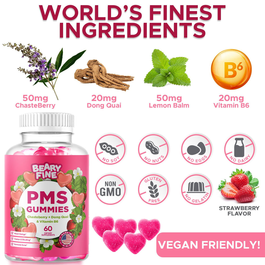 Beary Fine PMS Gummies - PMS Vitamins for Women & Teens - PMS Period Relief - Cramping, Bloating, Mood Swings - Made in The USA (Strawberry, 60 Count) Beary Fine Au supplements
