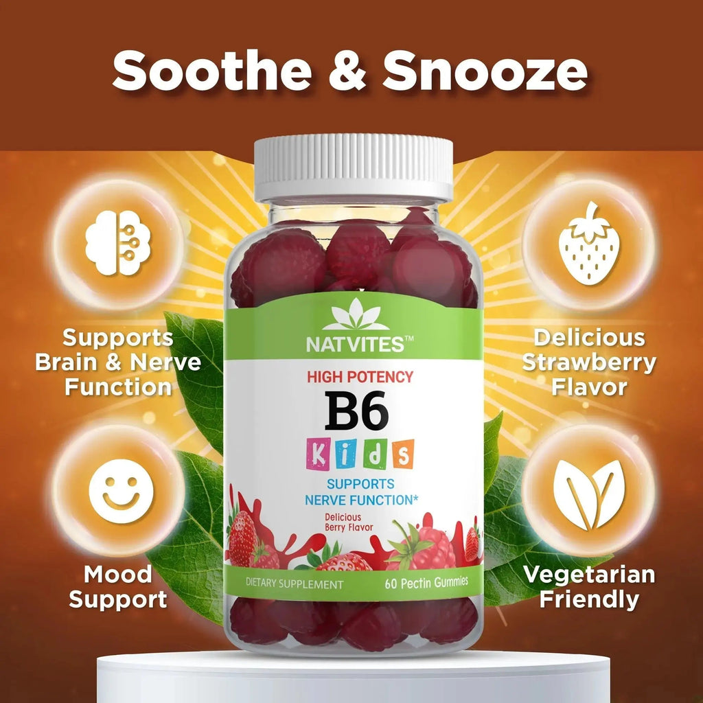 Natvites High-Potency Vitamin B6 Gummies for Kids - Delicious Berry Flavored VIT B6 Vitamins 50mg - Supports Nerve Function - Vegetarian Gluten Free Non-GMO Children's 50 mg B 6 Supplement (60 Count) Natvites Au supplements