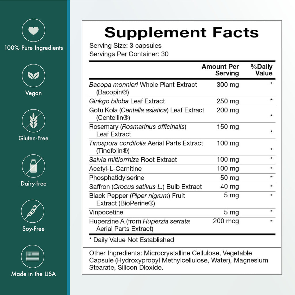 Natura Health Products Vibrant Mind - Brain Supplement for Memory and Focus* - Featuring Bacopa, Ginkgo Biloba, Centellin & Phosphatidylserine