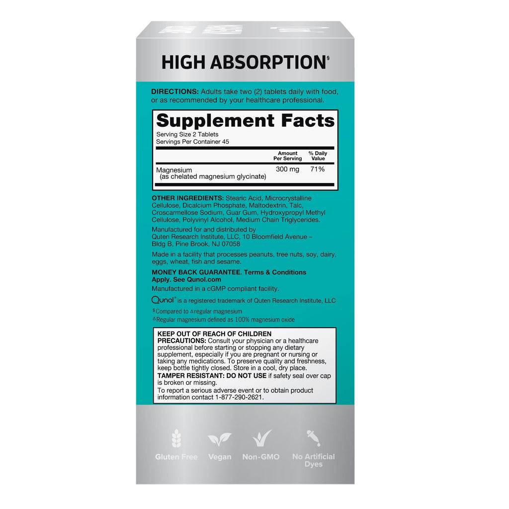 Qunol Magnesium Glycinate 300mg, 100% Glycinate Chelated Magnesium Supplement, 90ct Tablets Qunol Au supplements