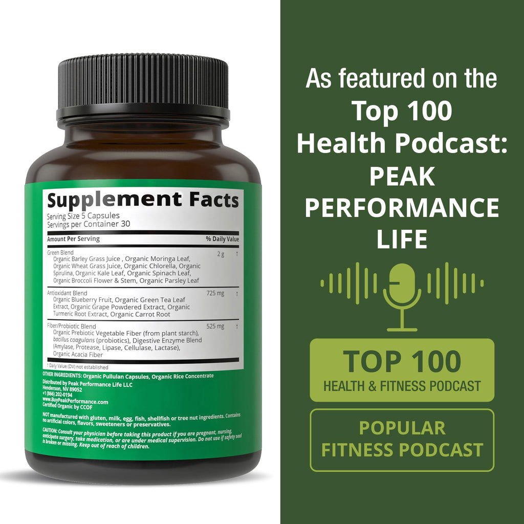 Organic Super Greens 150 Capsules - Green Juice Superfood Supplement with 25 All Natural Organic Ingredients. Max Energy and Detox Super Food Pills with Spirulina, Spinach, Kale, Turmeric, Probiotics Peak Performance Au supplements