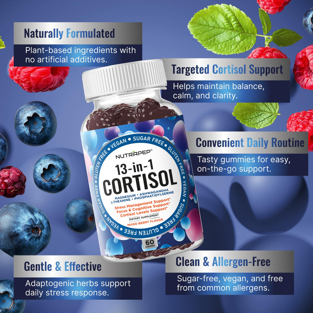 NutraPep Cortisol Gummies for Women Men - 13-in-1 High Cortisol Reducer with Ashwagandha Magnesium L-theanine Rhodiola Rosea - Daily Cortisol Detox Manager for Stress Focus Support - Vegan Sugar Free