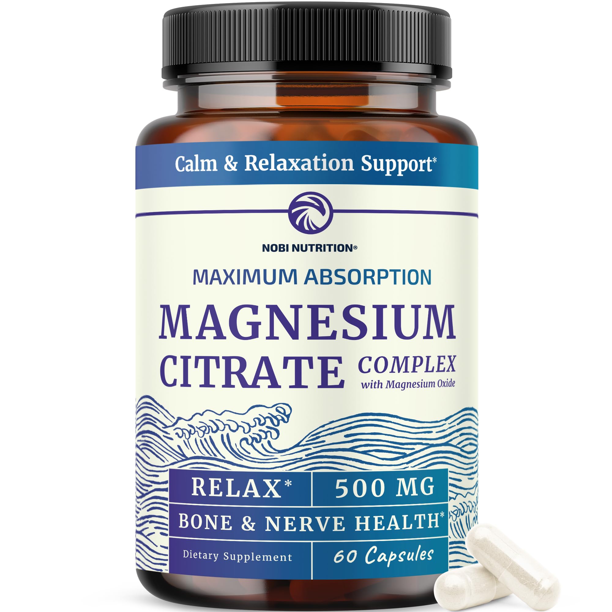 Magnesium Citrate Complex 500 MG for Calm & Relaxation | High Absorption Magnesium Supplement | Citrato de Magnesio | Constipation & Digestion Support Non-GMO Soy-Free | 60 Mag Citrate Capsules Nobi Nutrition Au supplements