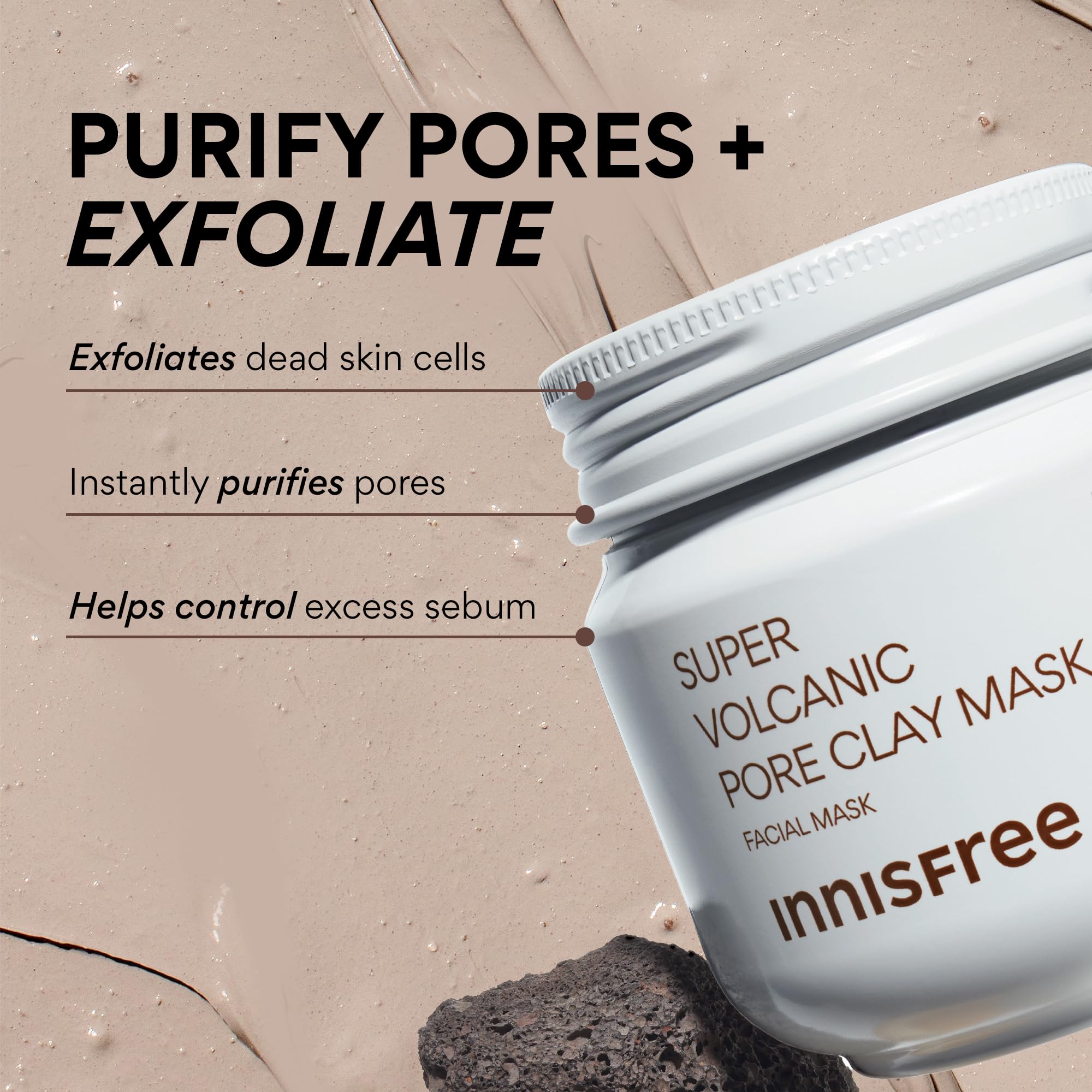 Innisfree Super Volcanic Clay Mask, Premium Korean Skincare with AHA and Natural Clusters for Deep Pore Detox, Gentle Exfoliation, Oil Control