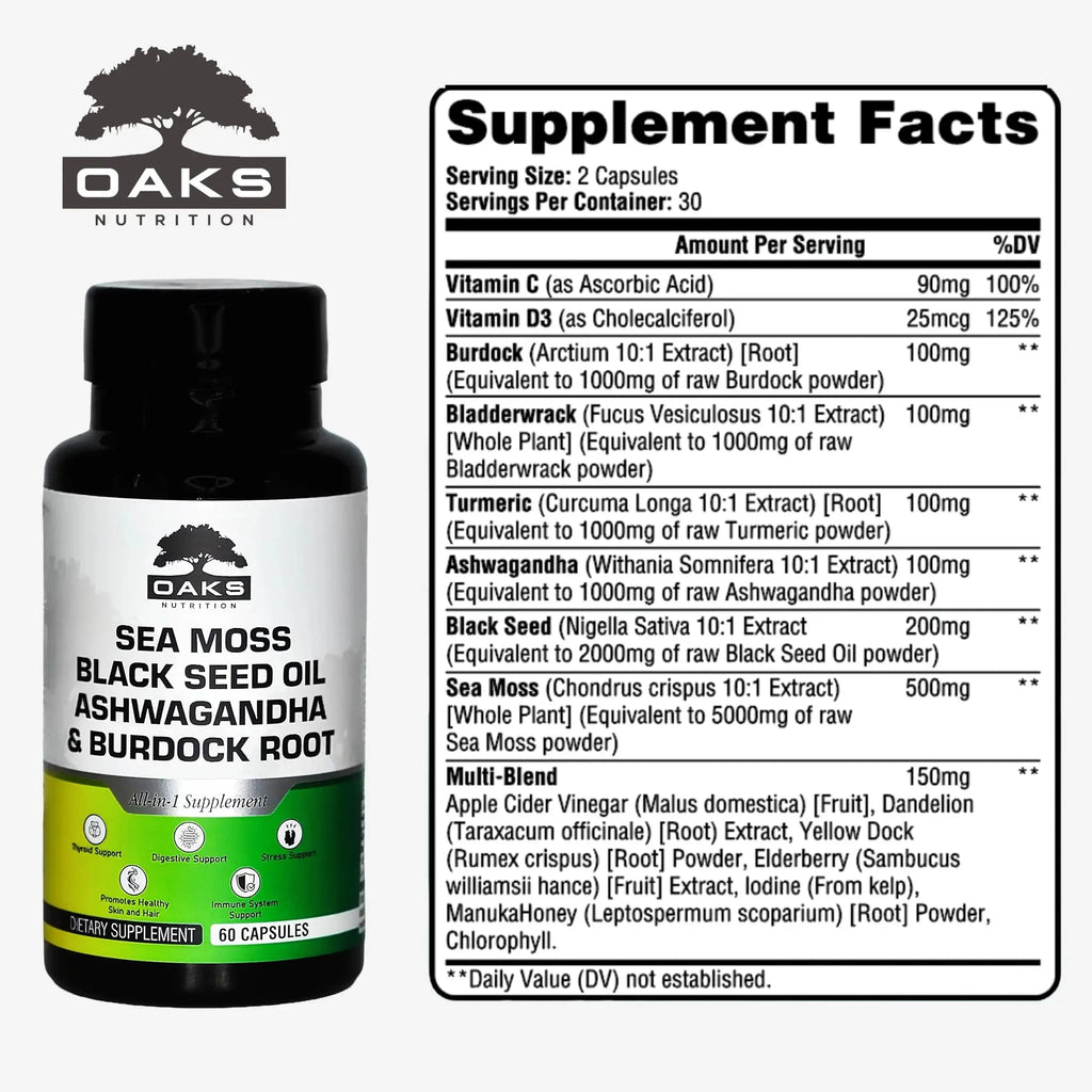 Oaks Nutrition Premium 15-in-1 Sea Moss Multivitamin with Black Seed Oil, Ashwagandha, Turmeric, Bladderwrack, Burdock, Elderberry Oaks Nutrition Au supplements