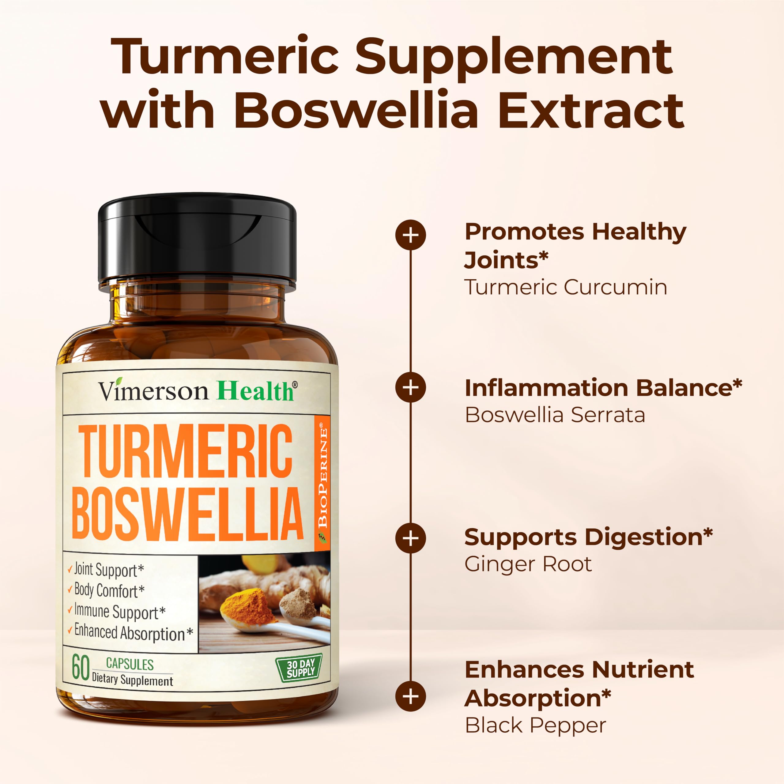Turmeric Supplement w/Boswellia Serrata – Daily Support for Joint Health & Comfort – Organic Turmeric Curcumin Powder, Bioperine for Enhanced Absorption & Ginger Root – 60 Boswellia Extract Capsules Vimerson Health Au supplements