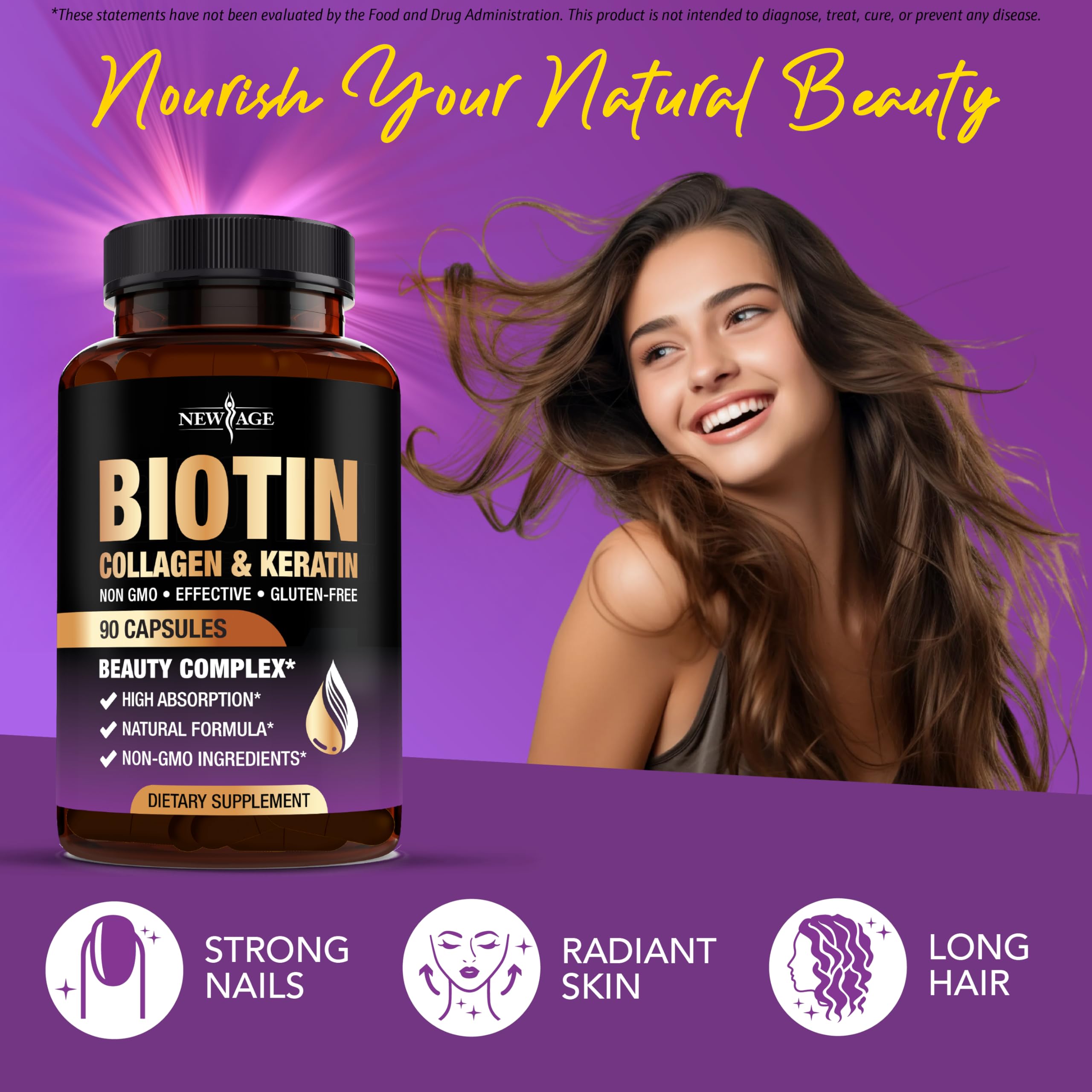 NEW AGE Biotin Collagen Keratin Hyaluronic Acid - 50,000mcg Hair Growth Vitamins for Men and Women, Nails, Hair, Skin Vitamins and DHT Blocker with Vitamin E Folic