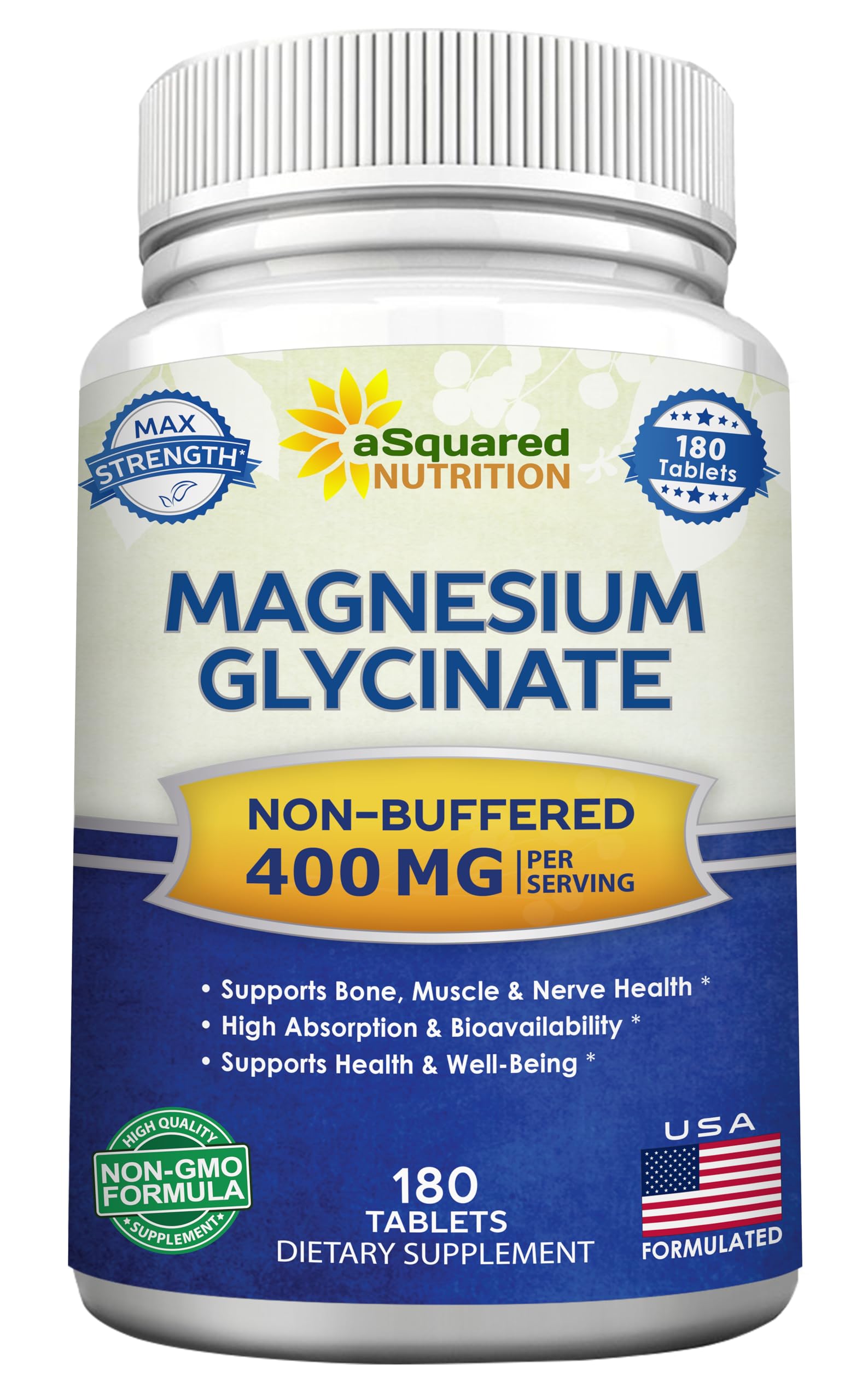 aSquared Nutrition Magnesium Glycinate 400mg - 180 Tablets - Max Strength Magnesium Bisglycinate Supplement -Maximum Bioavailability & Absorption-Non-GMO