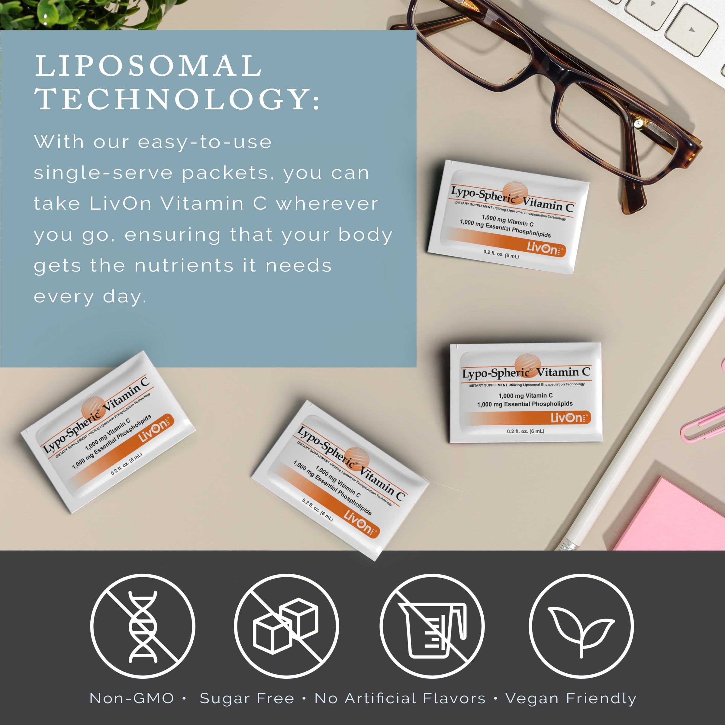 LivOn Laboratories Lypo–Spheric Liposomal Vitamin C 1000mg - No Sugar, Immune Support, Plant Based - Easy to Swallow, Absorbable - Non–GMO, Gluten Free