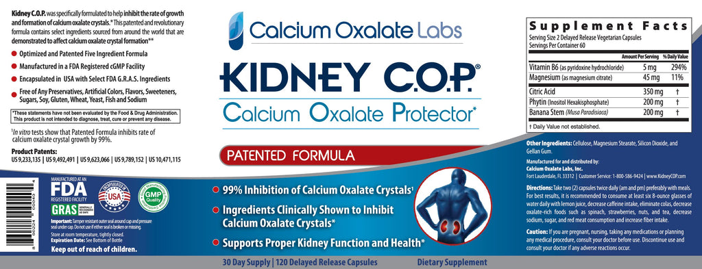 KIDNEY C.O.P. Calcium Oxalate Protector 120 Capsules, Patented Kidney Support for Calcium Oxalate Crystals, Stop Recurrence