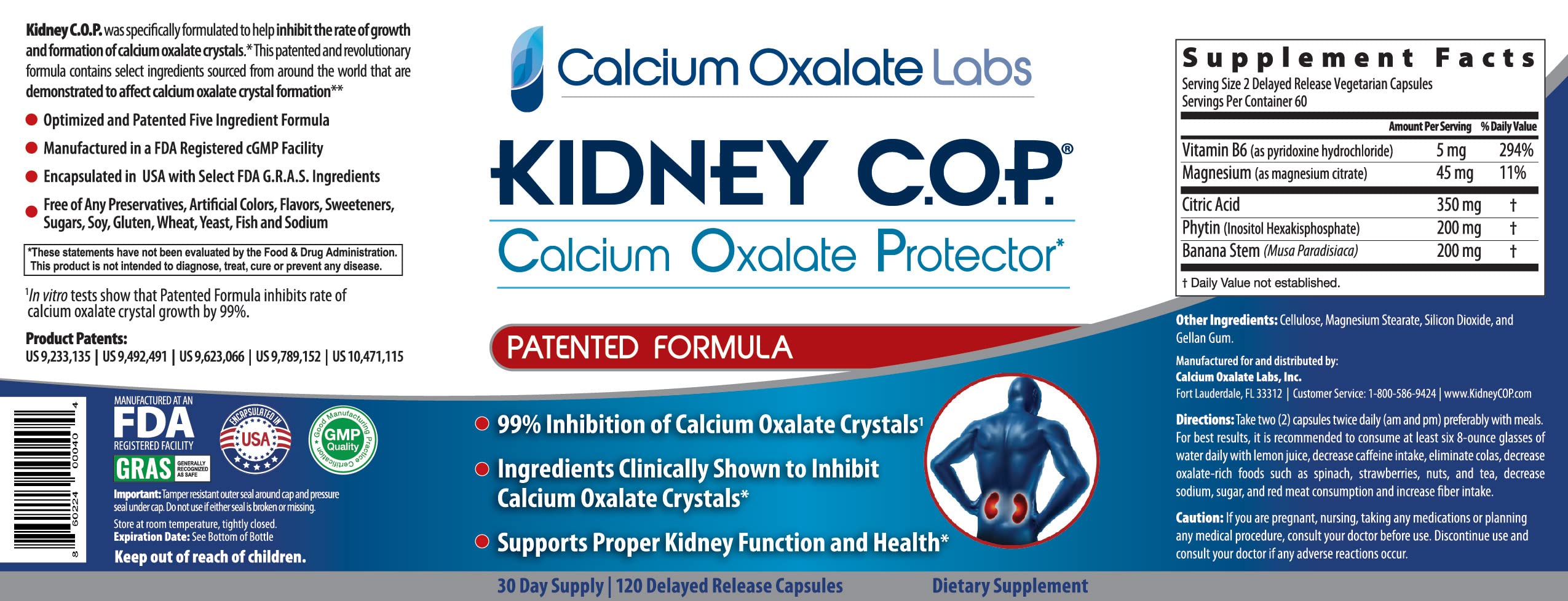 KIDNEY C.O.P. Calcium Oxalate Protector 120 Capsules, Patented Kidney Support for Calcium Oxalate Crystals, Stop Recurrence
