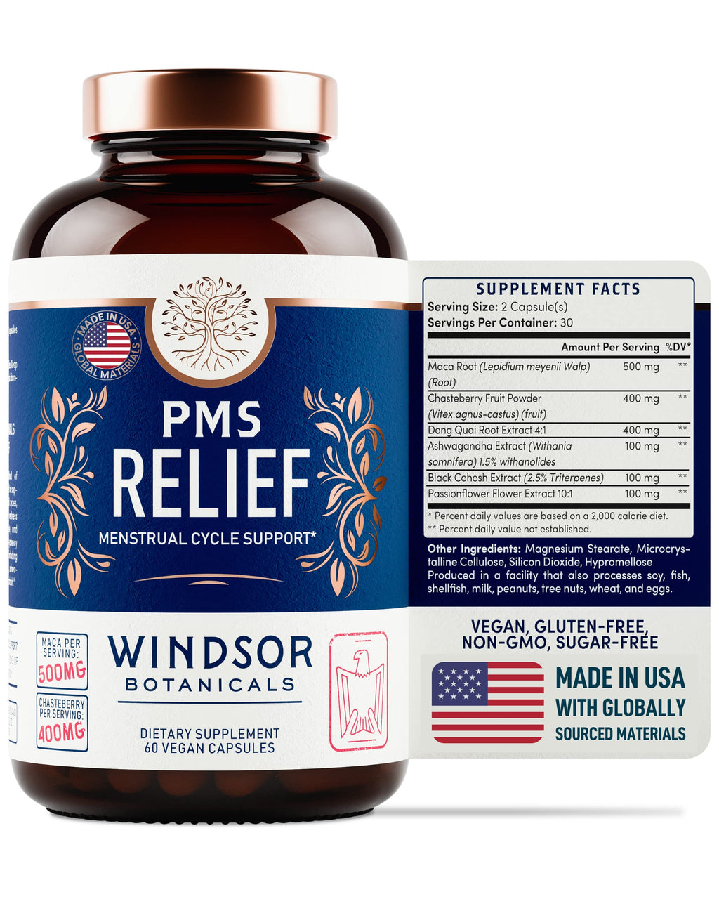 PMS Support Supplement for Women with Chasteberry, Maca Root, Ashwagandha - Period Relief, Bloating Relief for Women, Mood Support, Hormone Balance Herbal Supplements - 30 Day, 60 Vegan Capsules WINDSOR BOTANICALS Au supplements