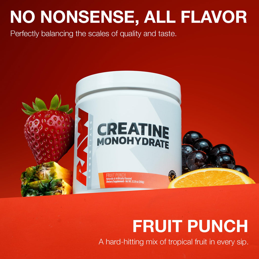 RAW Nutrition Creatine Monohydrate Powder, Fruit Punch (30 Servings) - Micronized Creatine Monohydrate Supplement for Workout Performance, Build Muscle & Strength
