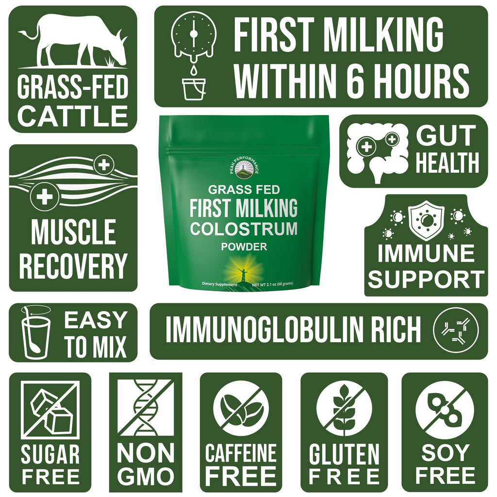 First Milking Colostrum Powder from Grass Fed USA Cows Milked Within 6 Hours of Giving Birth to Get the Most Bioactive Nutrients. High Immunoglobulin Non-GMO Bovine Colostrum Supplement for Humans Peak Performance Au supplements