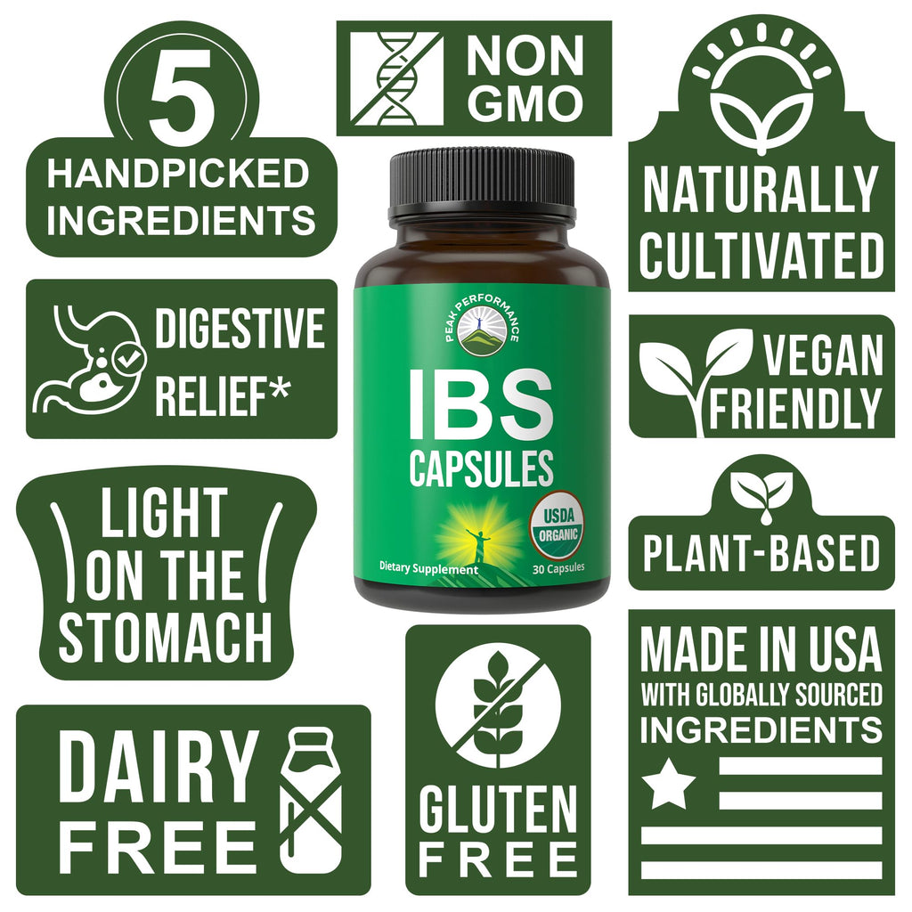 USDA Organic IBS Capsules for Relief, Ingestion, Bloating, Gas. Irritable Bowel Supplement with 5 Handpicked Organic Ingredients. Peppermint Oil, Sea Buckthorn, Fennel Seed, Rosemary Leaf, Basil Leaf Peak Performance Au supplements