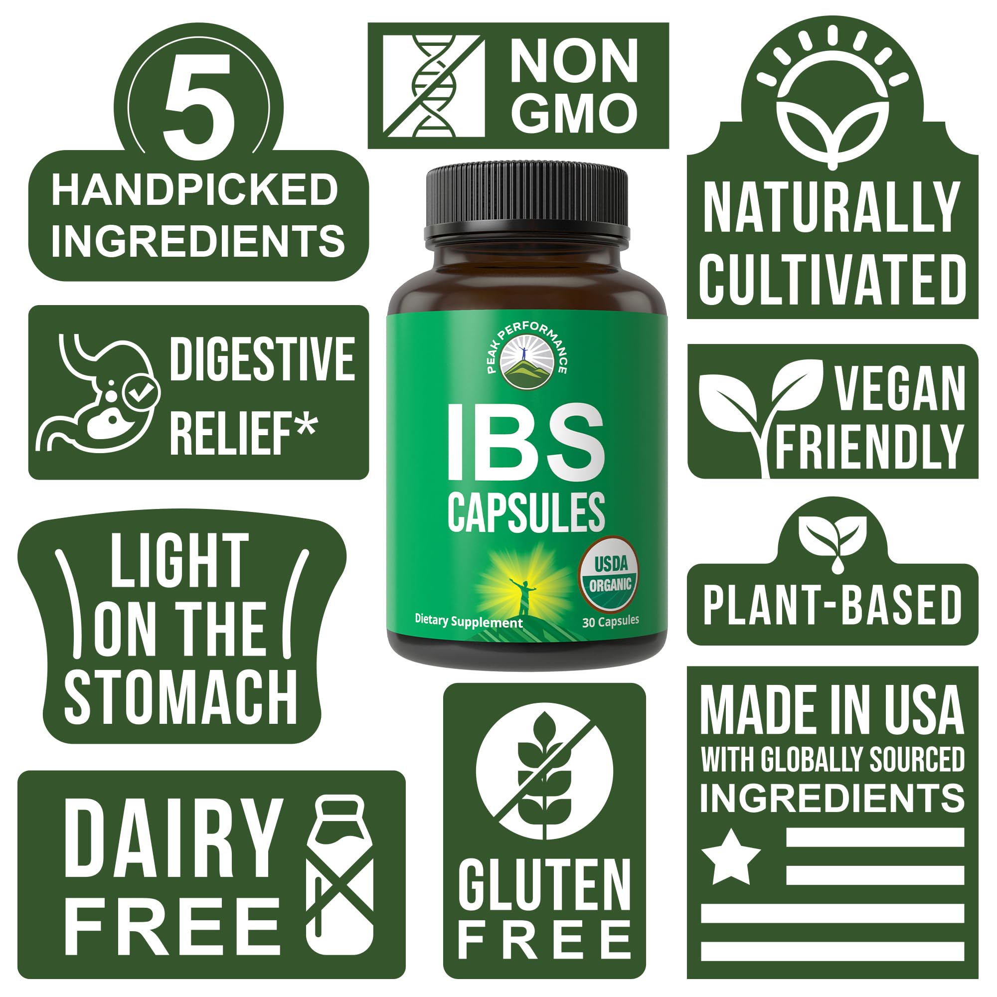 USDA Organic IBS Capsules for Relief, Ingestion, Bloating, Gas. Irritable Bowel Supplement with 5 Handpicked Organic Ingredients. Peppermint Oil, Sea Buckthorn, Fennel Seed, Rosemary Leaf, Basil Leaf Peak Performance Au supplements