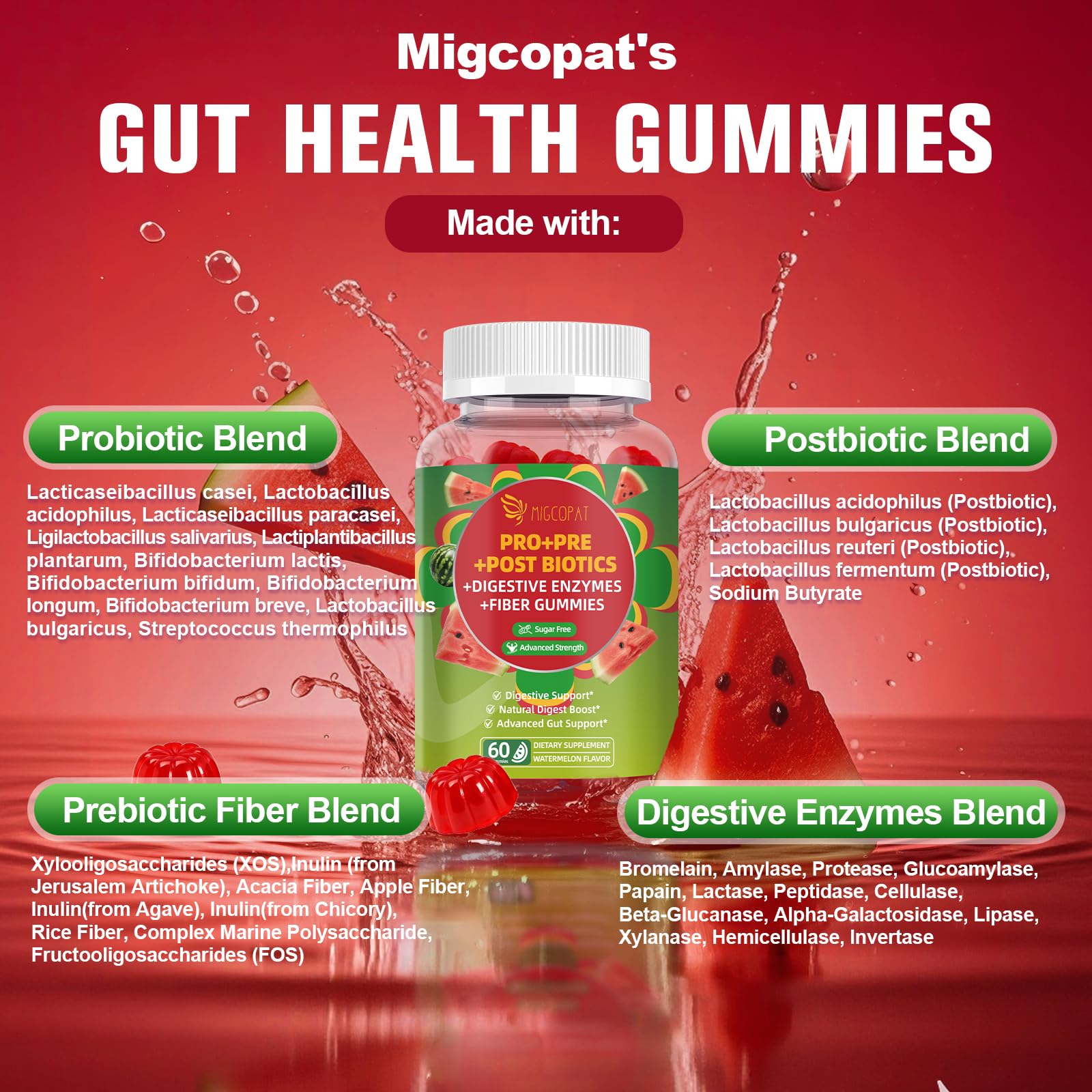 Migcopat Pre Post Probiotics Gummies, Probiotic Prebiotic Postbiotic Digestive Enzymes with Fiber, 120 Billion CFU Probiotics - Digestive Health