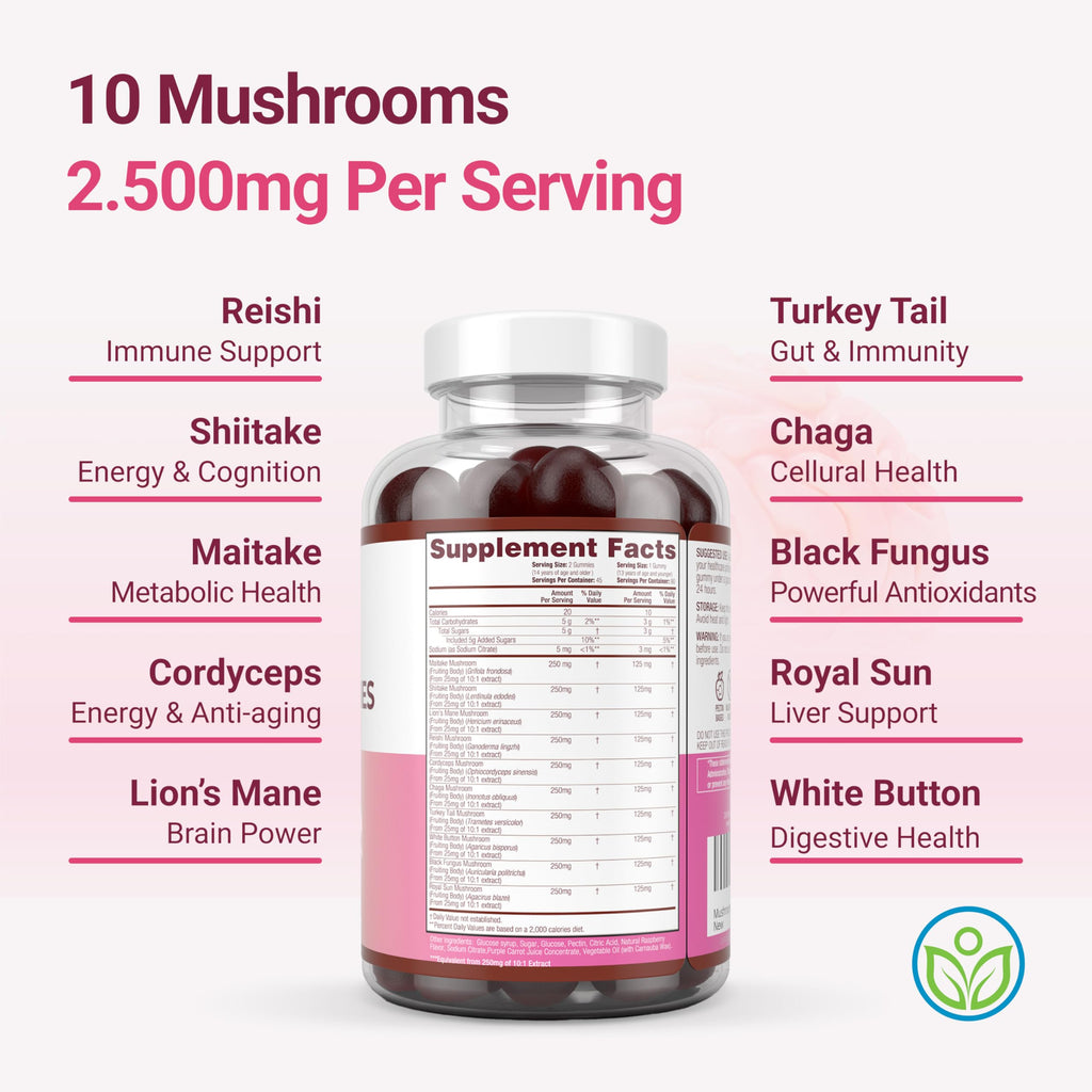 World's First Mushroom Complex Gummies with Lions Mane, Immune Support & Stress Relief, Nootropic Mushroom Supplement for Adults & Children (90 Chews 2500mg/serving) Purify Life Au supplements