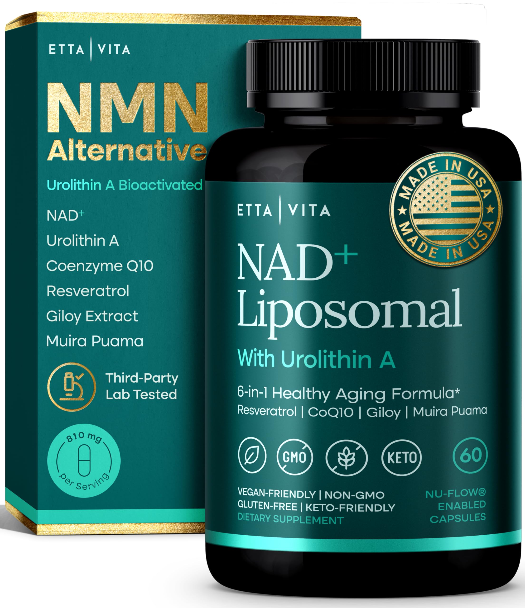 Liposomal NAD+ Supplement - Resveratrol, Urolithin A, CoQ10 & Muira Puama (Made in USA) NAD Supplement for Natural Energy, Brain Fog, Digestion, Detox, Gut Health, Microbiome, NR NMN Replacement Etta Vita Au supplements