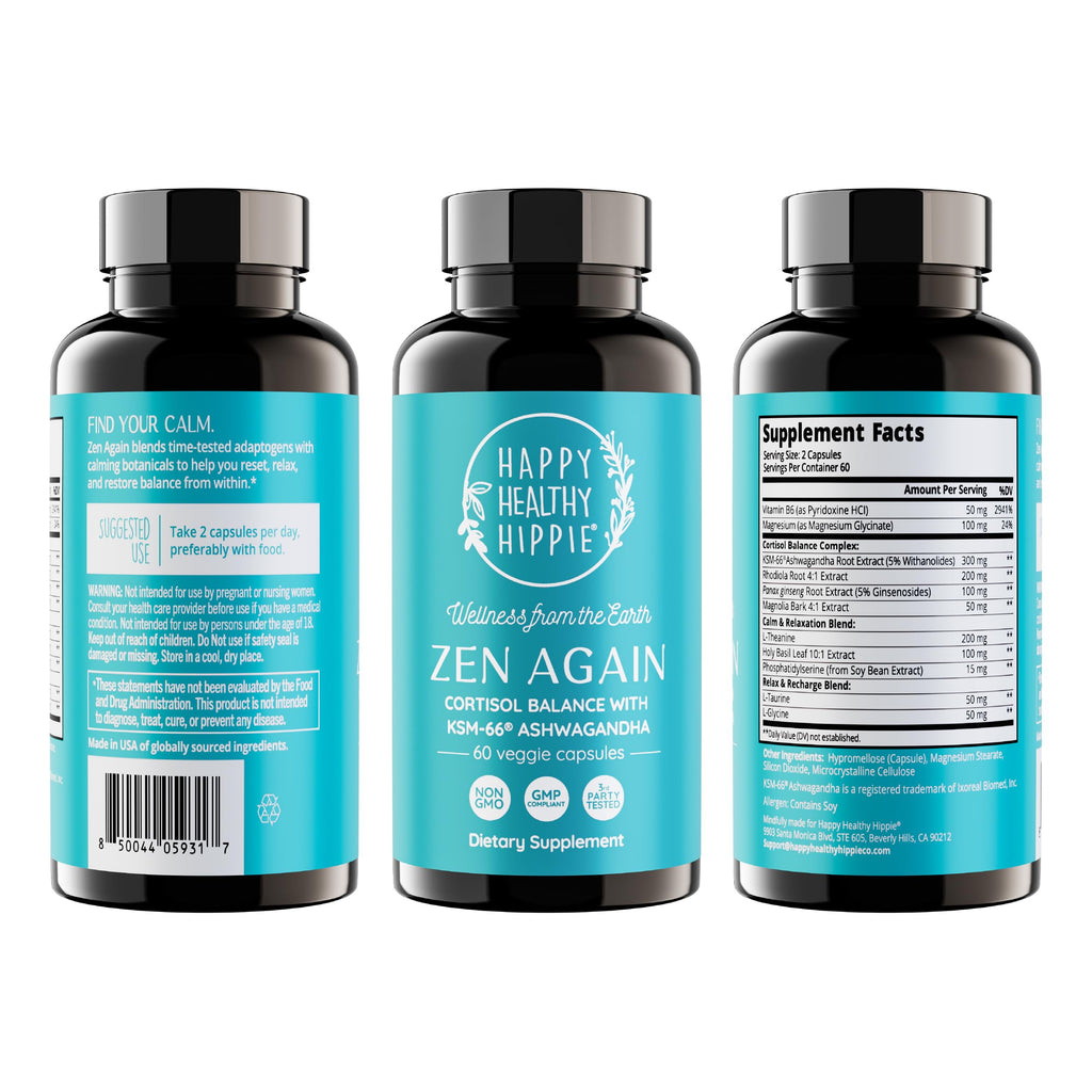 Zen Again Cortisol Manager with Ashwagandha KSM-66® | Cortisol Supplements for Women | 11-in-1 Complex | Natural Stress Support Supplement with L-Theanine, Rhodiola & Magnesium | Vegan, 60 Ct Happy Healthy Hippie Au supplements