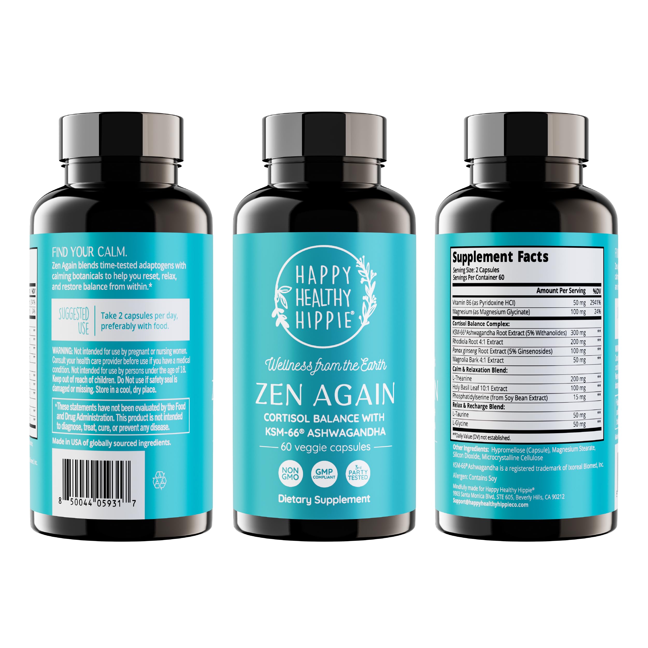 Zen Again Cortisol Manager with Ashwagandha KSM-66® | Cortisol Supplements for Women | 11-in-1 Complex | Natural Stress Support Supplement with L-Theanine, Rhodiola & Magnesium | Vegan, 60 Ct Happy Healthy Hippie Au supplements