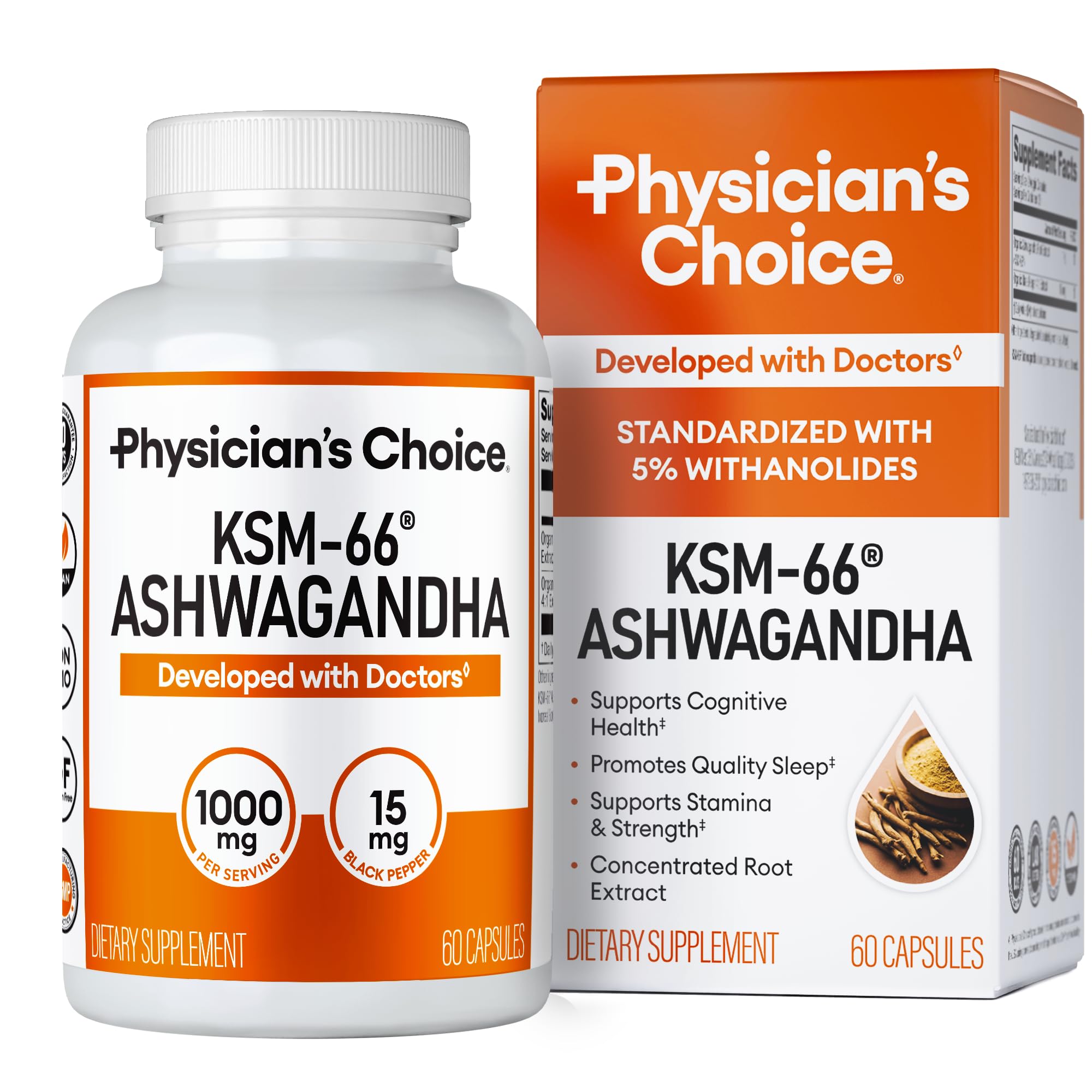 Physician's CHOICE KSM-66 Ashwagandha Root Powder Extract 1,000mg - Organic - with Black Pepper for Maximum Absorption - 5% Withanolides