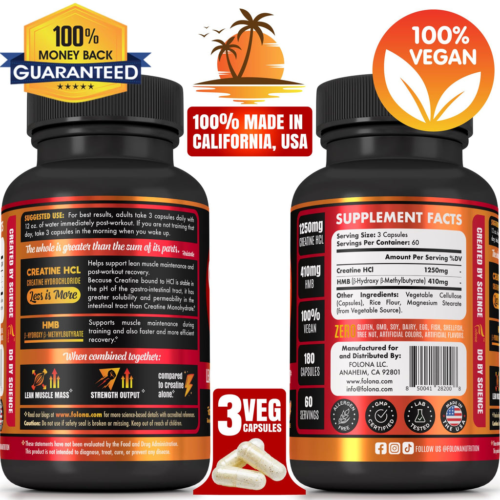 Creatine HCL Capsules with HMB - Workout Supplement for Men & Women, Muscle Builder, Endurance, Strength, Superior to Monohydrate: Instantized for Max Absorption, No Load