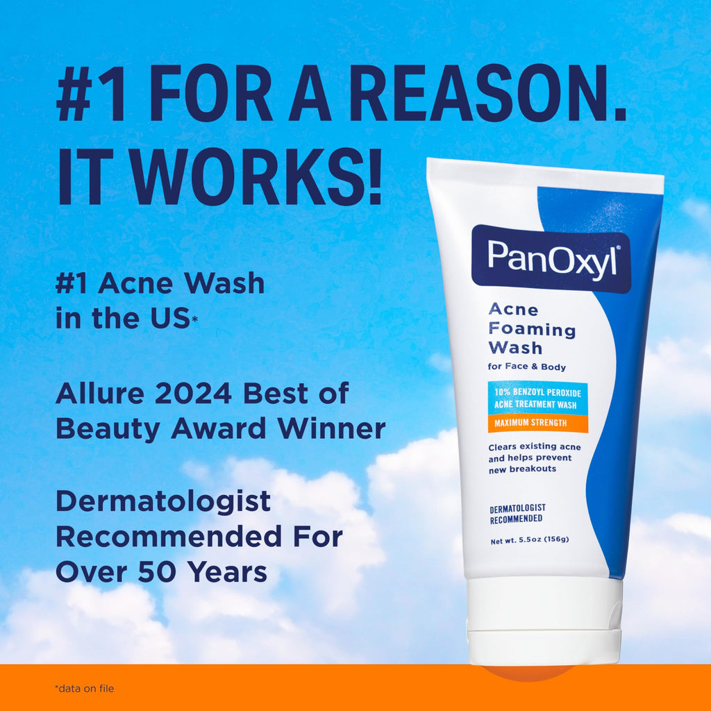 PanOxyl 10% Benzoyl Peroxide Acne Foaming Wash, Maximum Strength, Daily Acne-Fighting