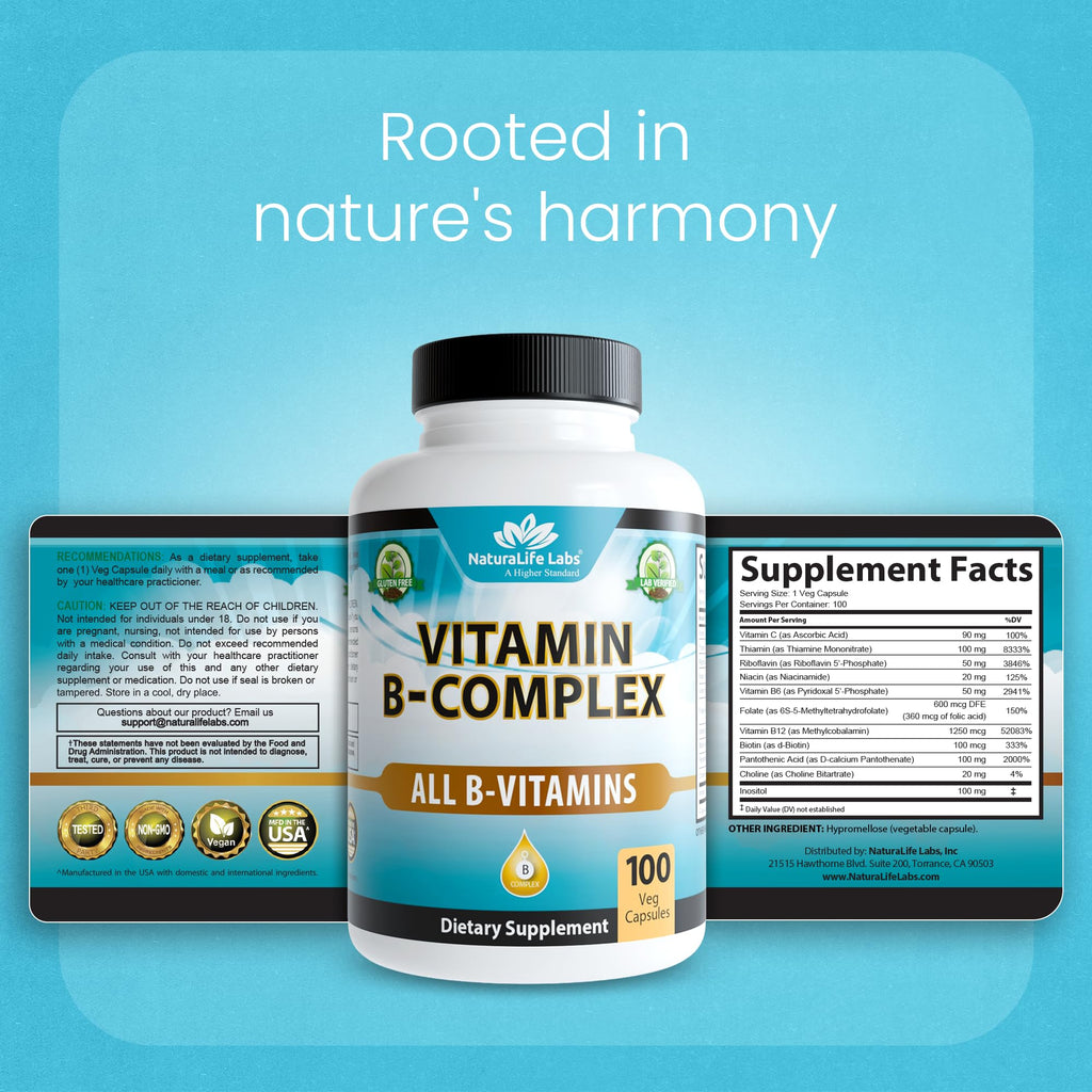 NaturaLife Labs Vitamin B Complex – All B Vitamins Including Active B2, B6, B9 & B12 (Methylcobalamin), Plus B1, B3, B5, B7 & Vitamin C – 100 Capsules