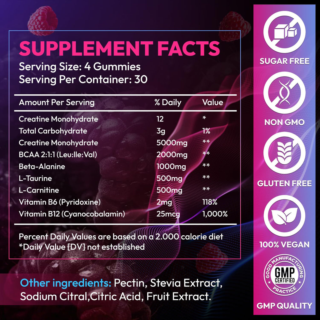 Cytona Creatine Gummies Monohydrate Complex 9000MG, Pre-Workout for Men & Women, Creatine Gummy with L-Taurine, BCAA 2:1, B12/6 for Muscle Support