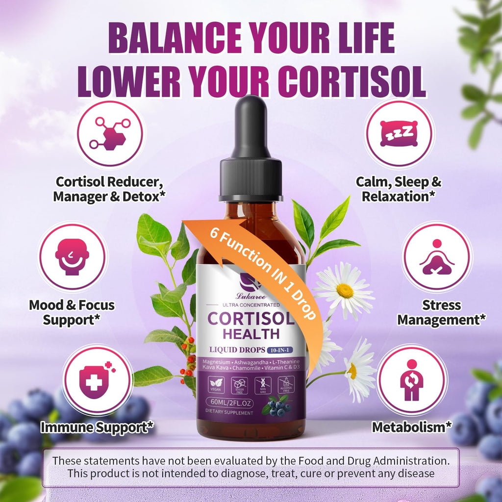 Lukaree Cortisol Supplements for Women, 10 in 1 Cortisol Reducer Detox with Ashwagandha, L-theanine, Kava Kava, Magnesium, Lower Cortisol, Mood, Focus, Sleep Support - 2 FL.OZ, Blueberry Flavor Lukaree Au supplements