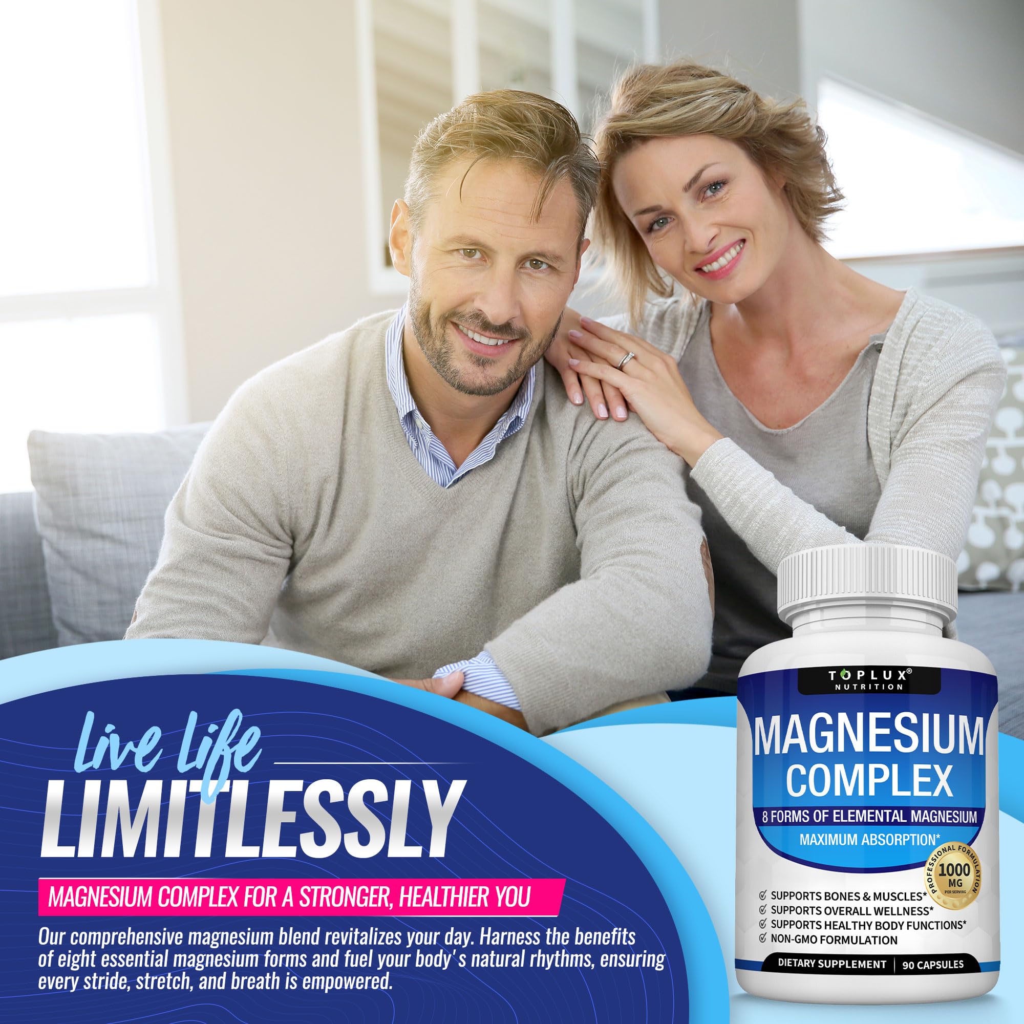 Magnesium Complex Supplement 8 Elemental 1000mg - Magnesium Glycinate, Citrate, Malate, Taurate, Chelated for Easy Absorption for Bones, Muscle, Recovery, Energy, Vegan Non-GMO 90 Capsules Toplux Au supplements