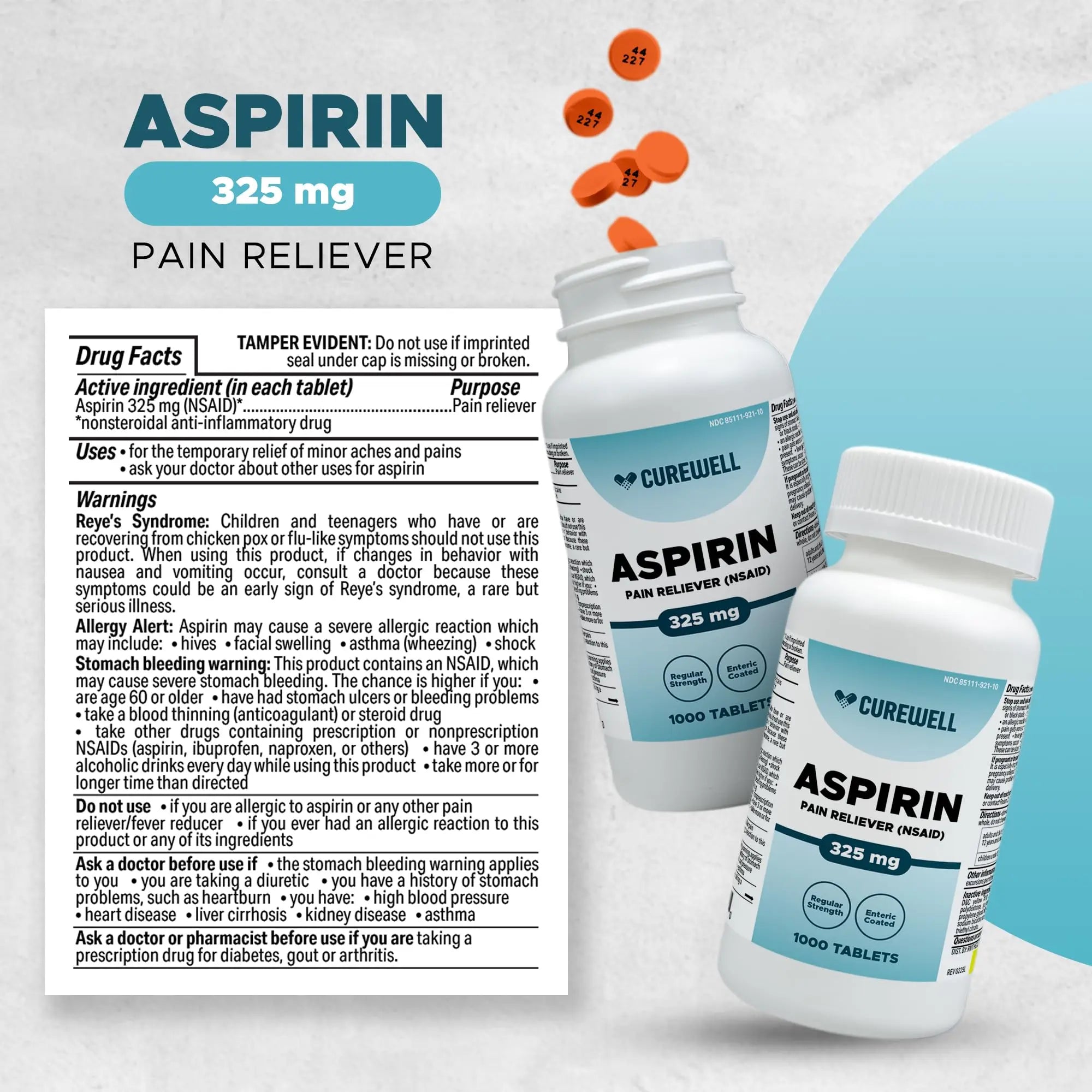CUREWELL Enteric Coated Aspirin Tablets 325mg (1000 Count) NSAID Pain Reliever & Fever Reducer Coated Aspirin for Adults - Regular Strength for Headache Arthritis Menstrual & Muscle Pain CUREWELL Au supplements