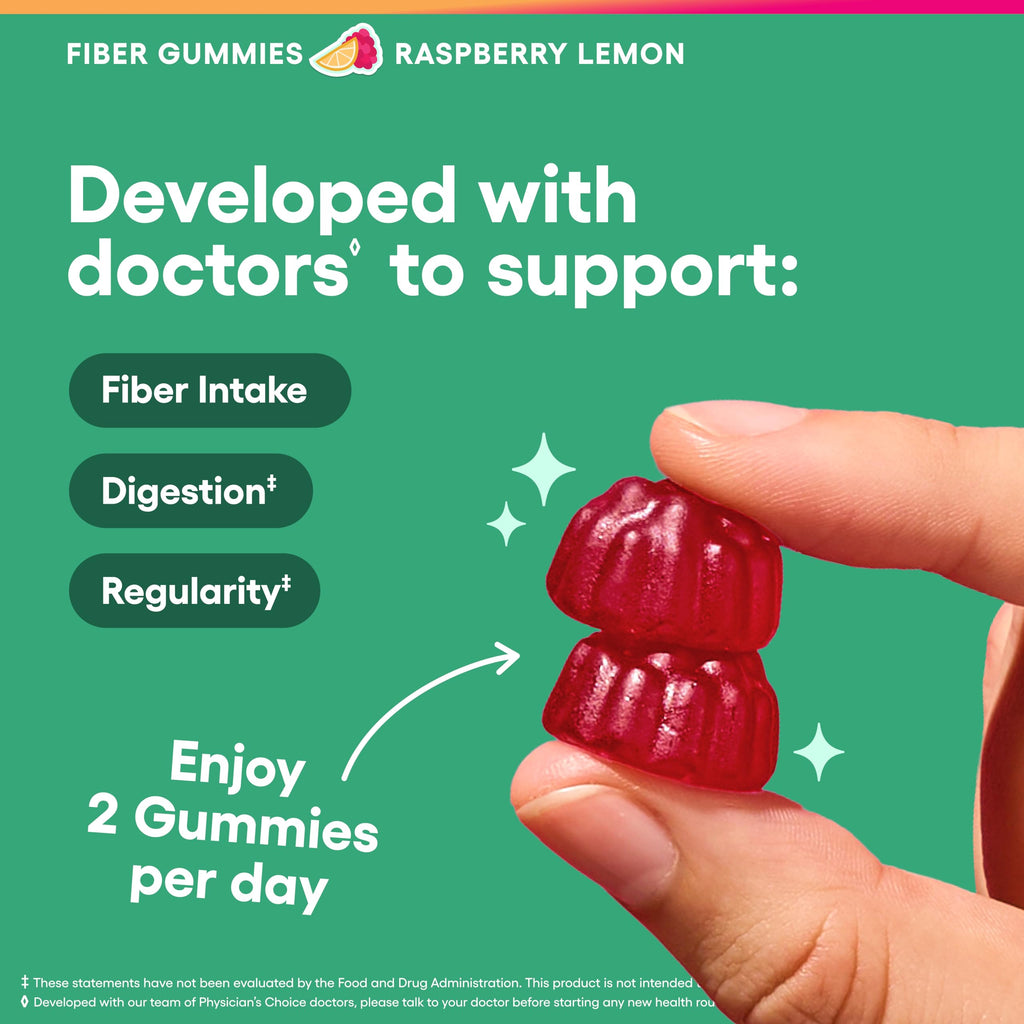 Physician’s Choice Fiber Gummies for Digestive Health & Regularity - Raspberry Lemon Flavor - No Sugar Added & Vegan - Natural Chicory Root Prebiotic Fiber