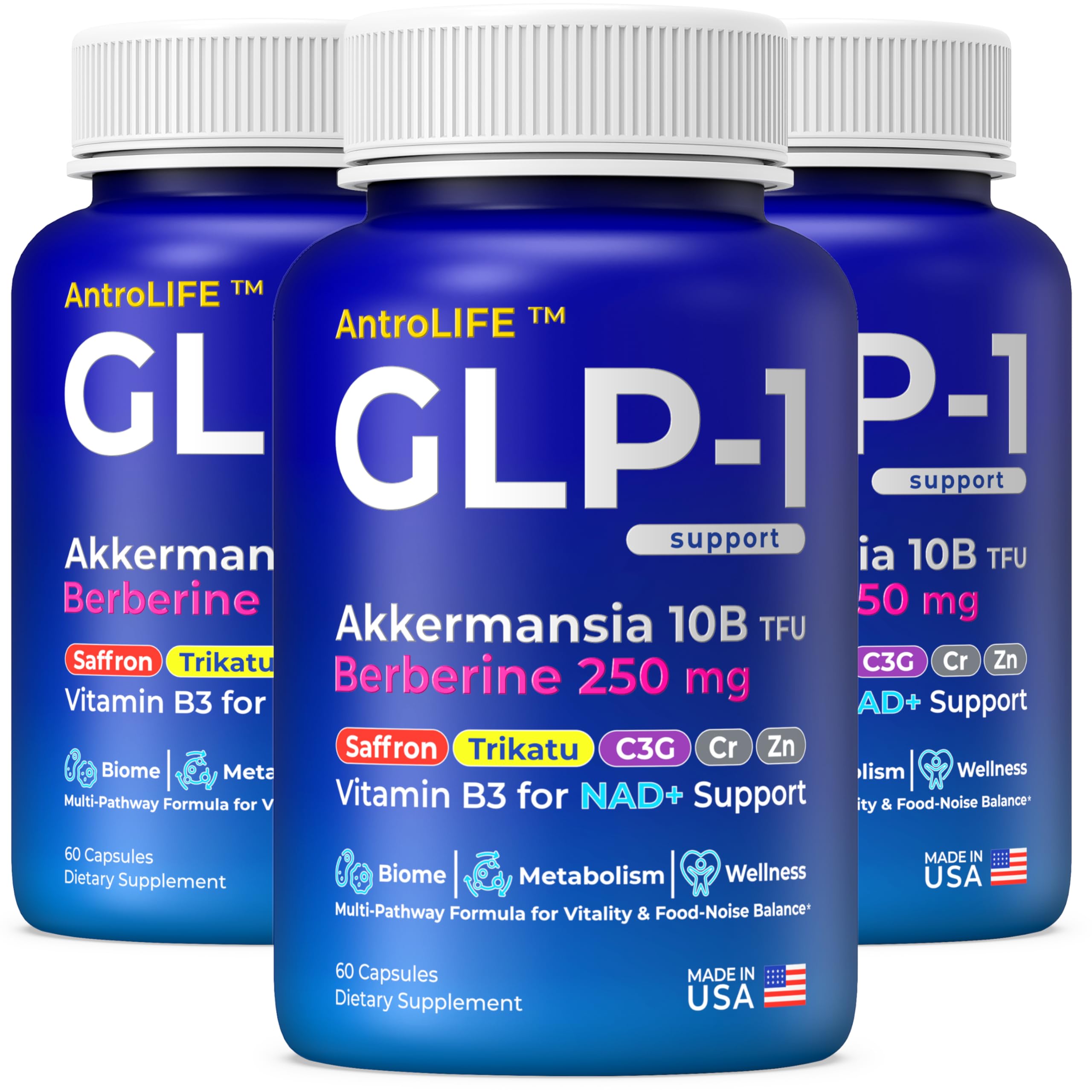 GLP-1 Support – Akkermansia Postbiotic 10B TFU + Berberine HCl 250 mg | 18-Ingredient System | Appetite, Mood & Metabolic Support | Inulin-Free | Saffron, NAD+ Cofactors | 3 Pack | 90-Day Supply ANTROLIFE Au supplements