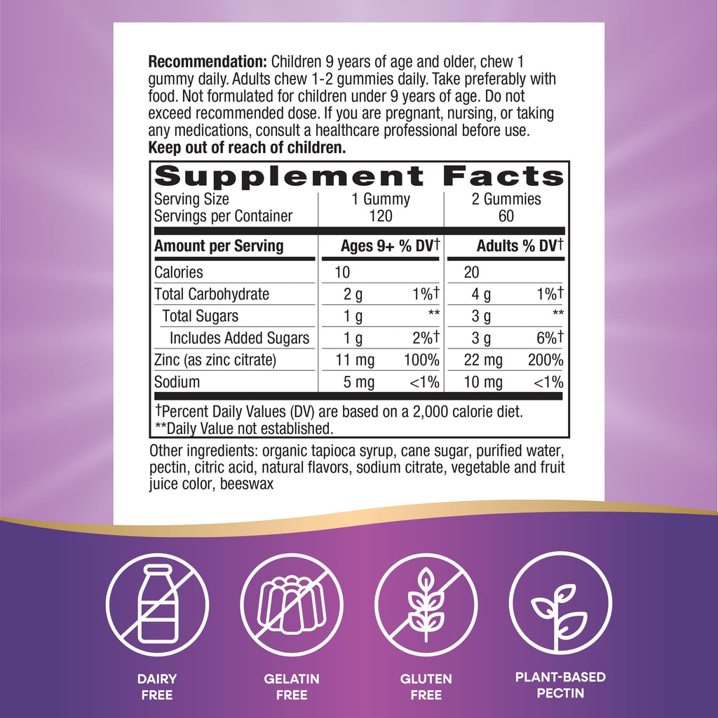 Nature's Way Zinc Gummies, Adult & Kids 9+ Immune Support Gummies*, 100% Daily Value per Serving, Mixed Berry Flavor, 120 Chews