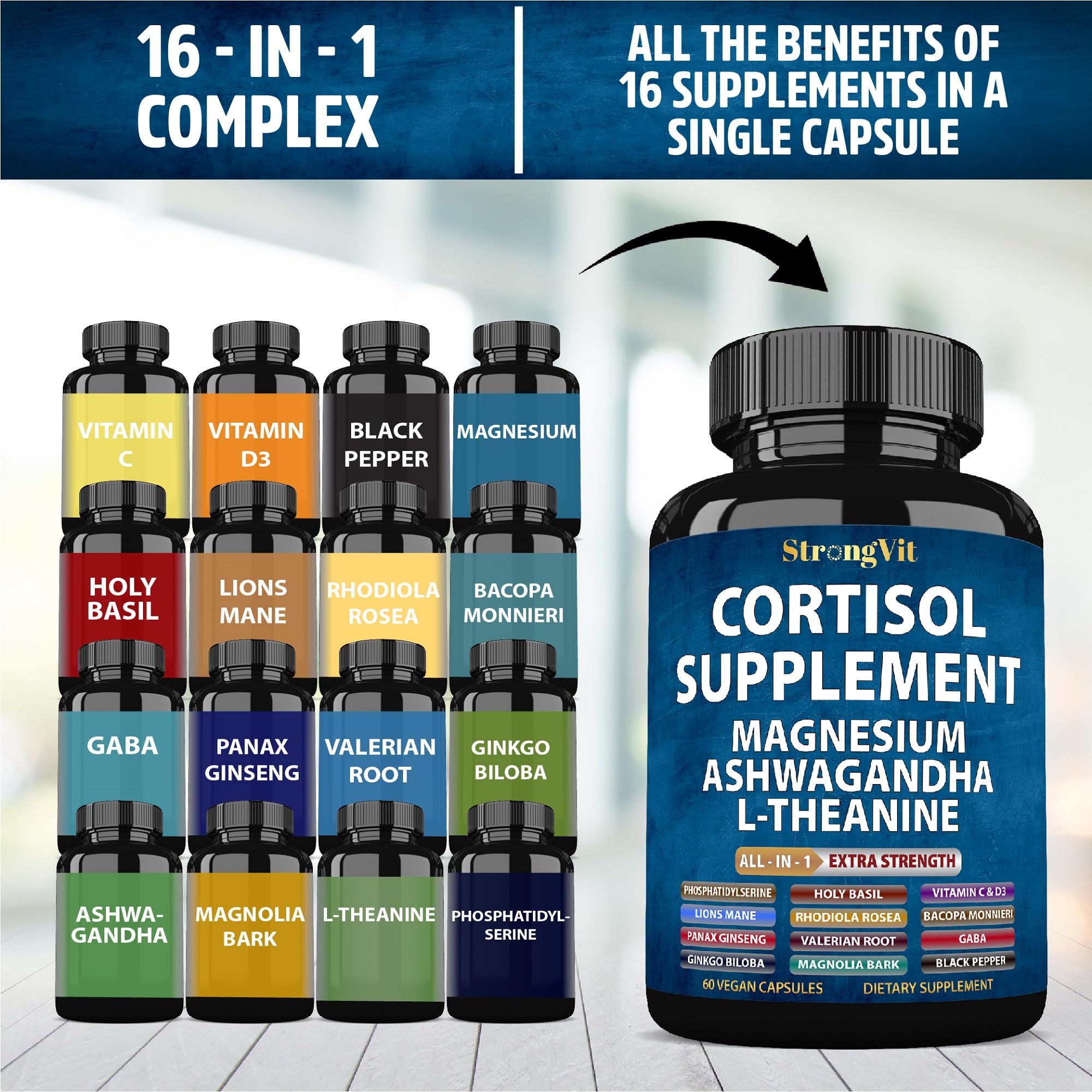 StrongVit Cortisol Supplements for Women and Men with Magnesium, Ashwagandha & L-Theanine. High Cortisol Reducer, Manager, Detox,