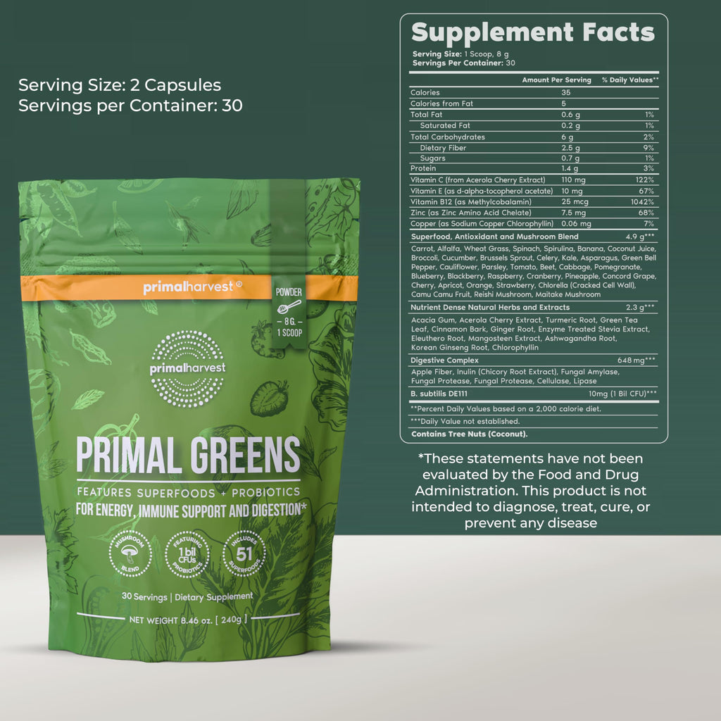 Primal Harvest Super Greens Powder, 30 Servings w/+50 Greens Superfood Chlorella, Probiotics, Green Tea, Wheatgrass,