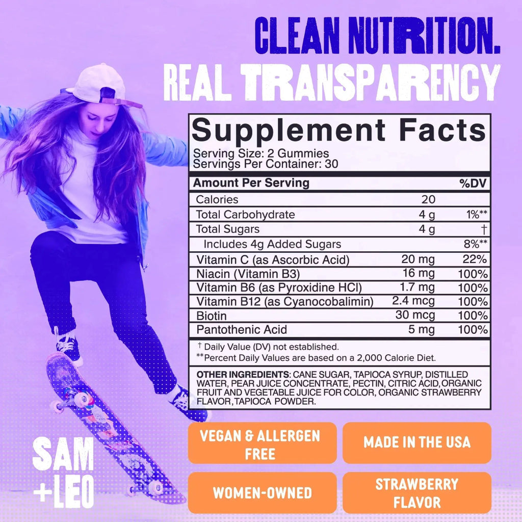 SAM+LEO Vitamin B Complex Gummies with Biotin for Kids & Teens - Caffeine-Free Focus & Energy Support Supplement Gummies | SAM+LEO Au supplements