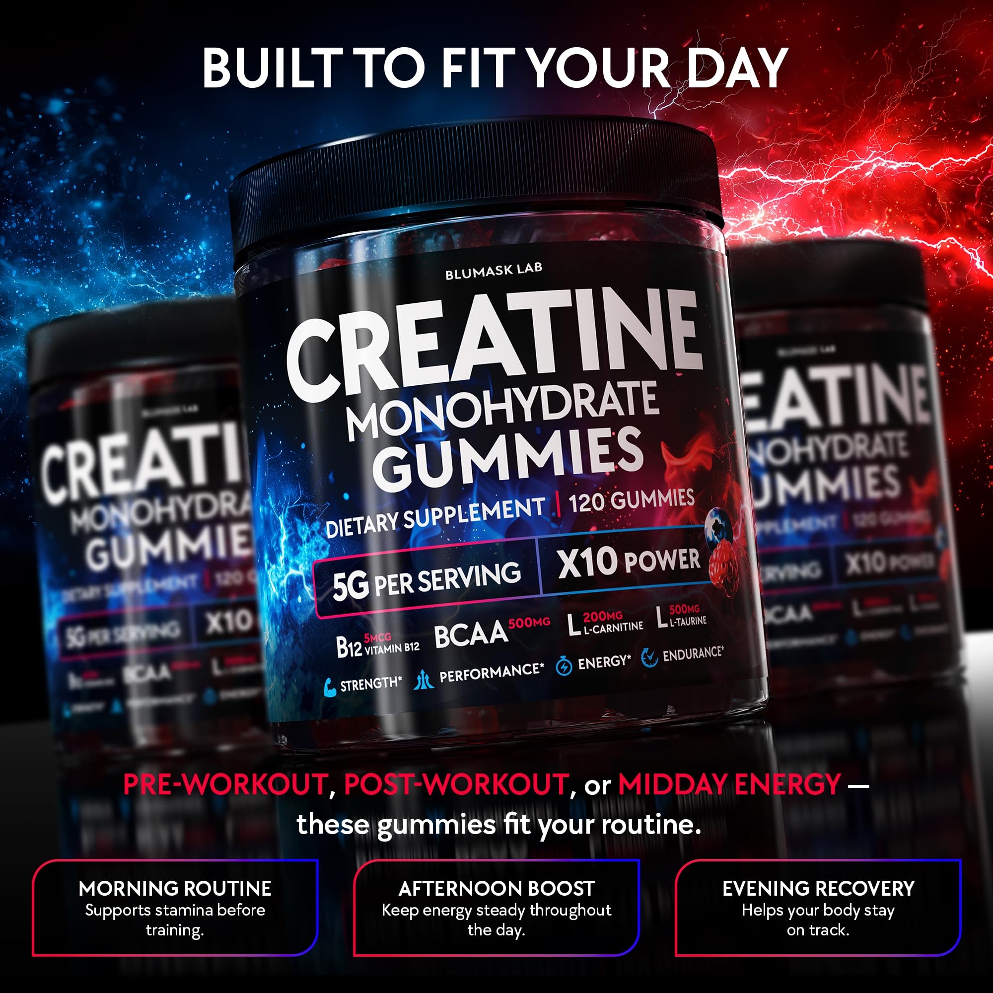 Creatine Monohydrate Gummies Complex 5000 MG for Men & Women, Preworkout Gummy with BCAA, L-Carnitine, Taurine & Vitamin B12 for Muscle Growth,
