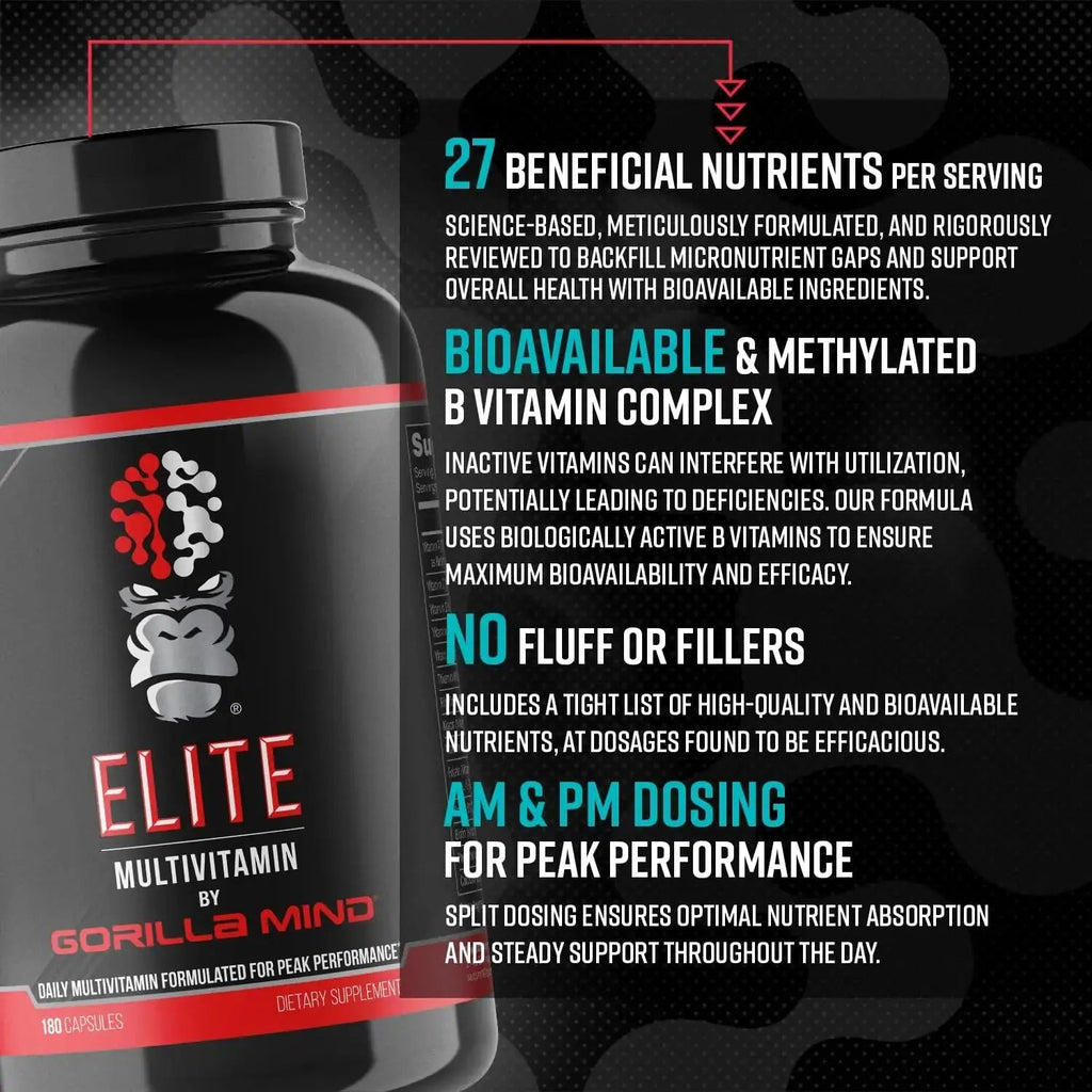 Gorilla Mind Elite Multi-Vitamin (180 Capsules) – Daily Multivitamin Formulated for Peak Performance | 27 Nutrients to Backfill Micronutrient Shortcomings Gorilla Mind Au supplements