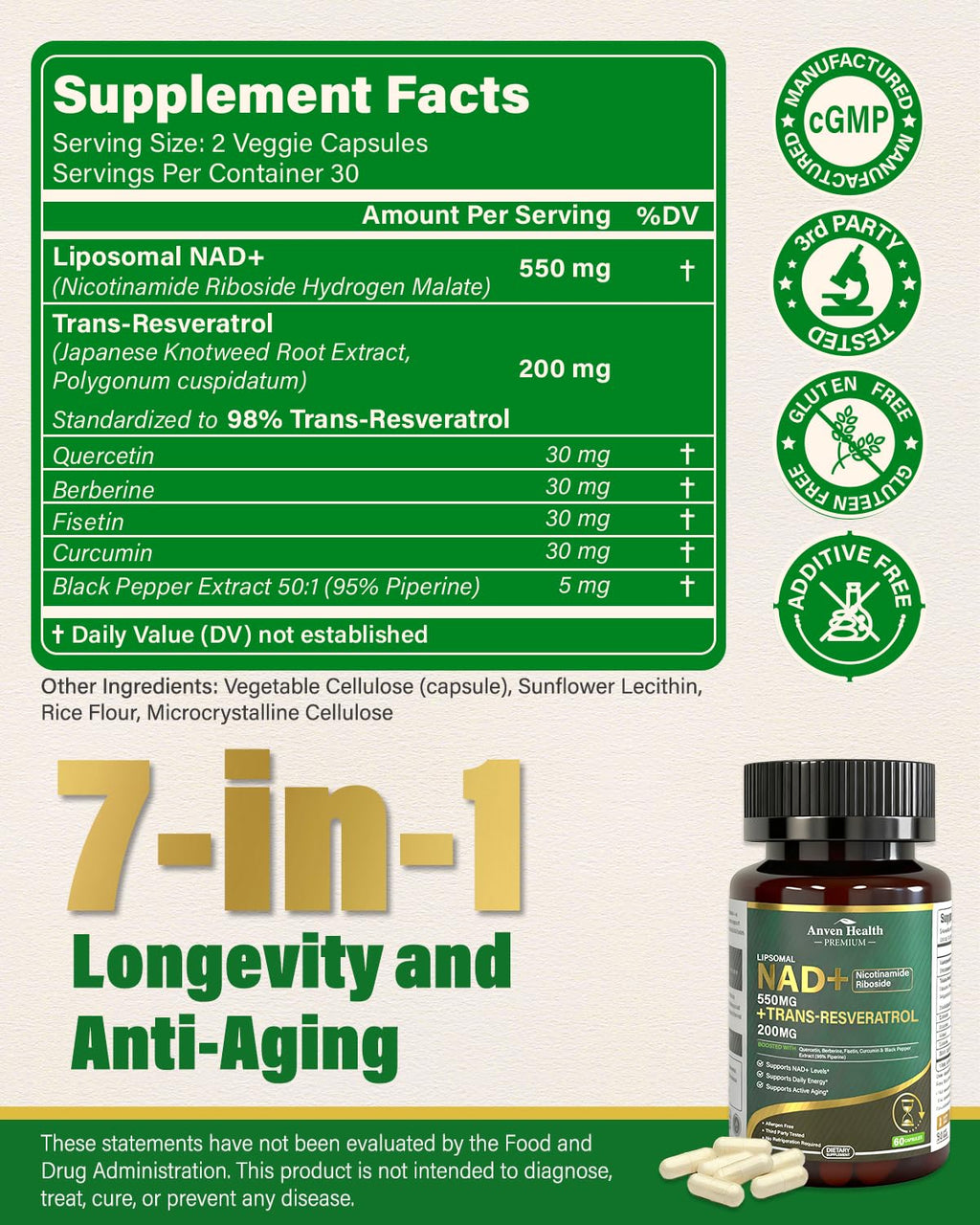 Anven Health Liposomal NAD+ Resveratrol Supplement - NMN Alternative with Trans-Resveratrol, Quercetin & Fisetin - NAD Plus for Women and Men, Cellular Energy & Healthy Aging, Non-GMO | 180 Capsules Anven Health Au supplements