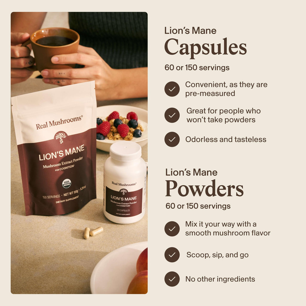 Real Mushrooms Lions Mane Mushroom Cognition (120 Capsules) Lions Mane Mushroom Powder Extract Capsules