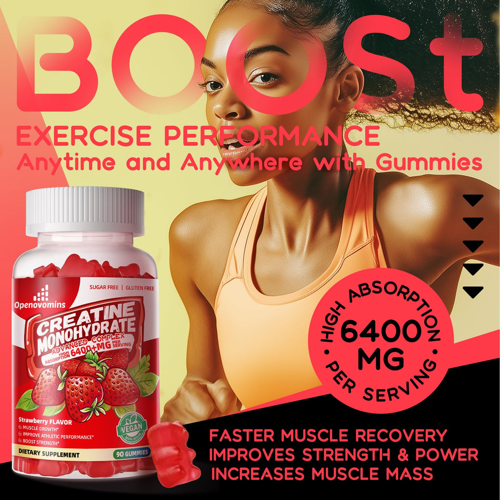 Creatine Monohydrate Gummies Complex for Men & Women -Advanced Formula W/L-Taurine + Vitamin B12, Sugar Free Chewable Supplement,90 Strawberry Gummies Openovomins Au supplements